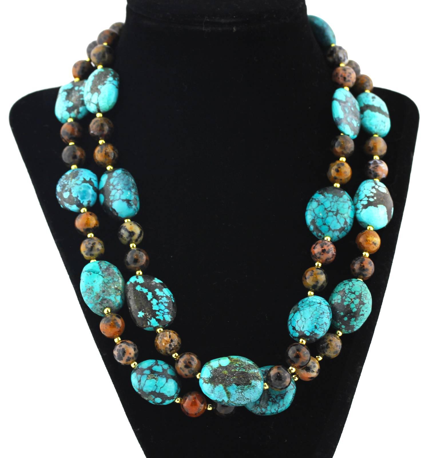 Gemjunky Double strand unique bright blue Turquoise enhanced with spotted brown/tan bright natural Jasper in this handmade necklace.
Size:  Turquoise varies up to approximately 1 inch long;  Length:  19 inches;  Clasp:  gold tone.  

