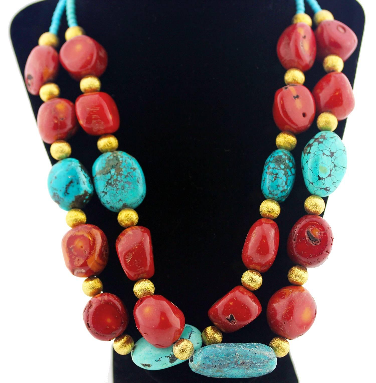 Double strand splendid crude red Coral and uneven rough polished Turquoise with gold tone accents necklace
Size:  Coral approximately .75 inches and Turquoise up to 1.5 inches
Length: 22 inches
Clasp:  silver tone

