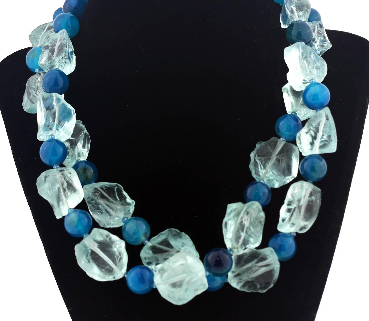 Gemjunky Double strand of unique large huge chunks of natural Aquamarine enhanced with glowing shiny blue Apatite color Agate handmade necklace.  Size:  Agate 12 mm;  Length:  18.5 inches.  If you wish faster delivery on your purchase choose UPS to