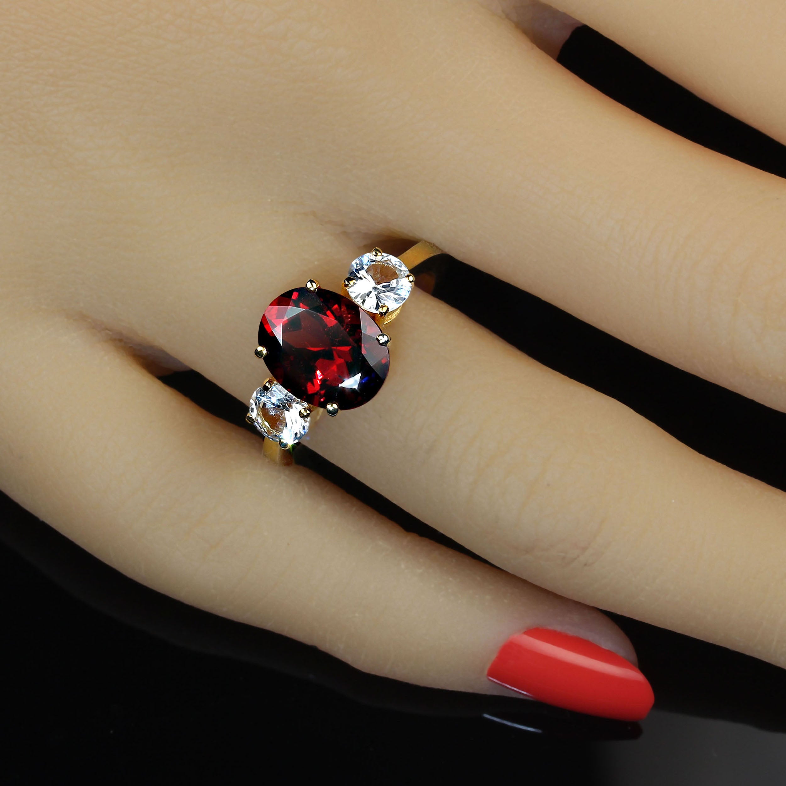 AJD Classic Three Stone Gorgeous Garnet and White Sapphire Ring For Sale