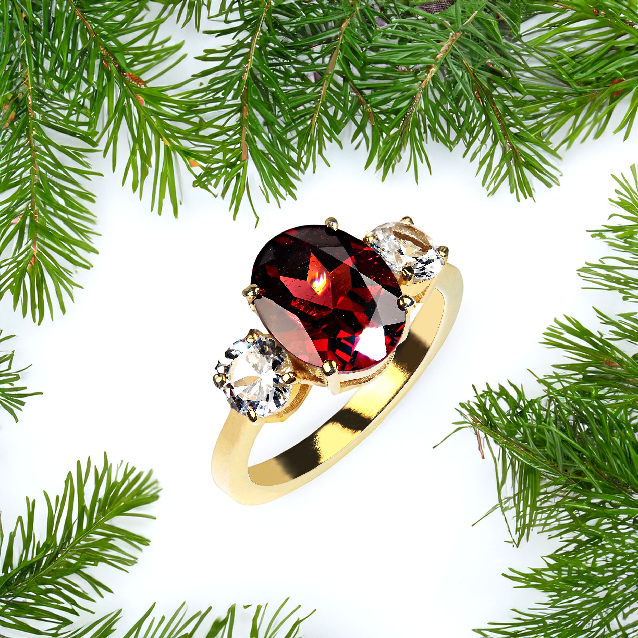 Oval Cut AJD Classic Three Stone Gorgeous Garnet and White Sapphire Ring For Sale