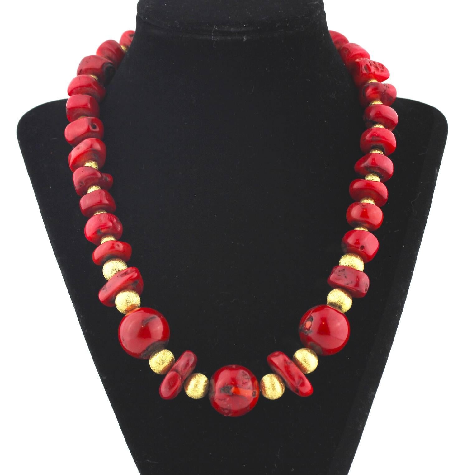 Raw polished Chinese Dyed Bamboo Coral with gold tone enhancements necklace
Size:  large round Coral approximately 20 mm
Length:  19 inches
Clasp:  gold tone

