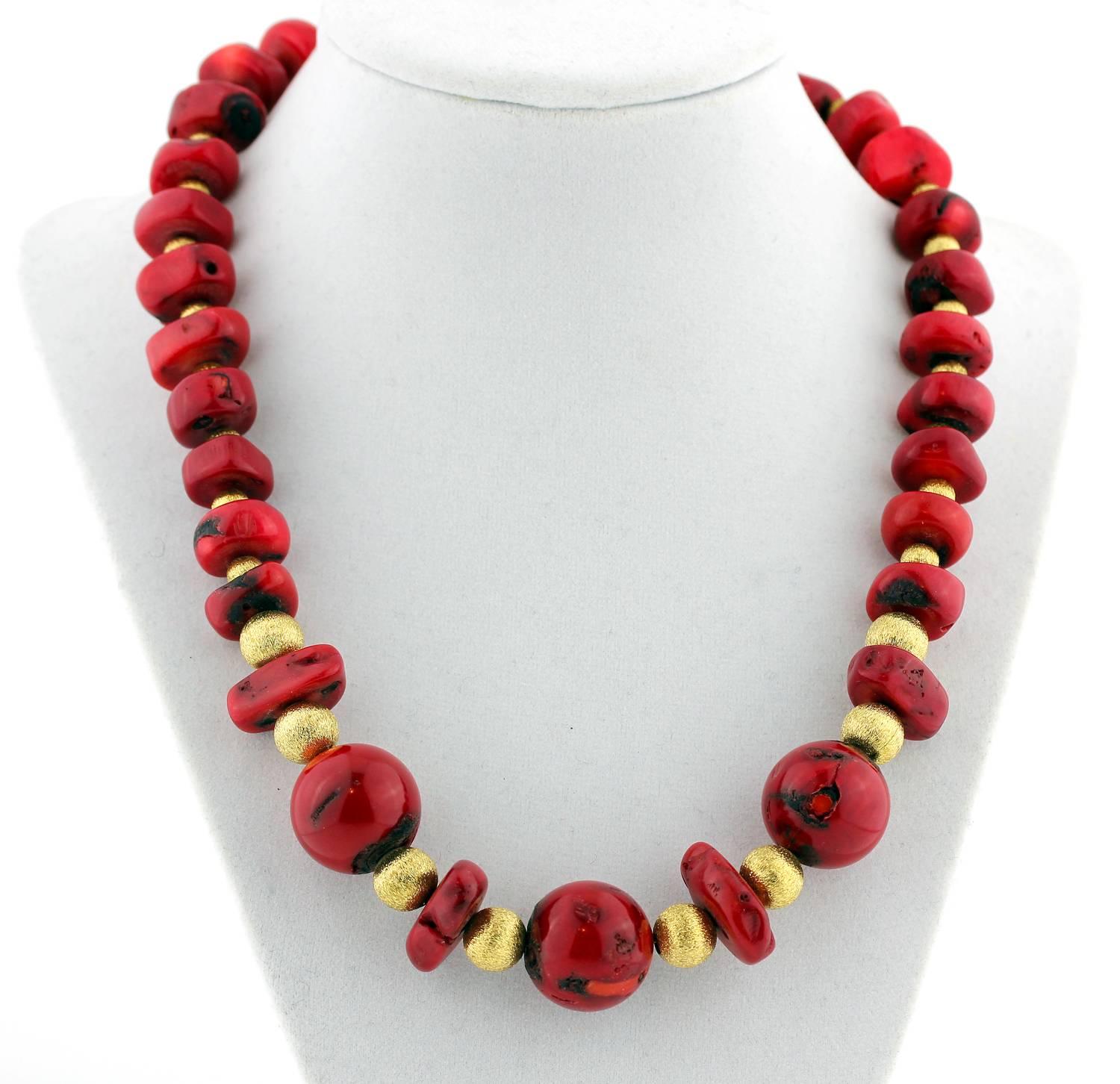 Contemporary Chunks and Round Chinese Dyed Bamboo Coral Necklace
