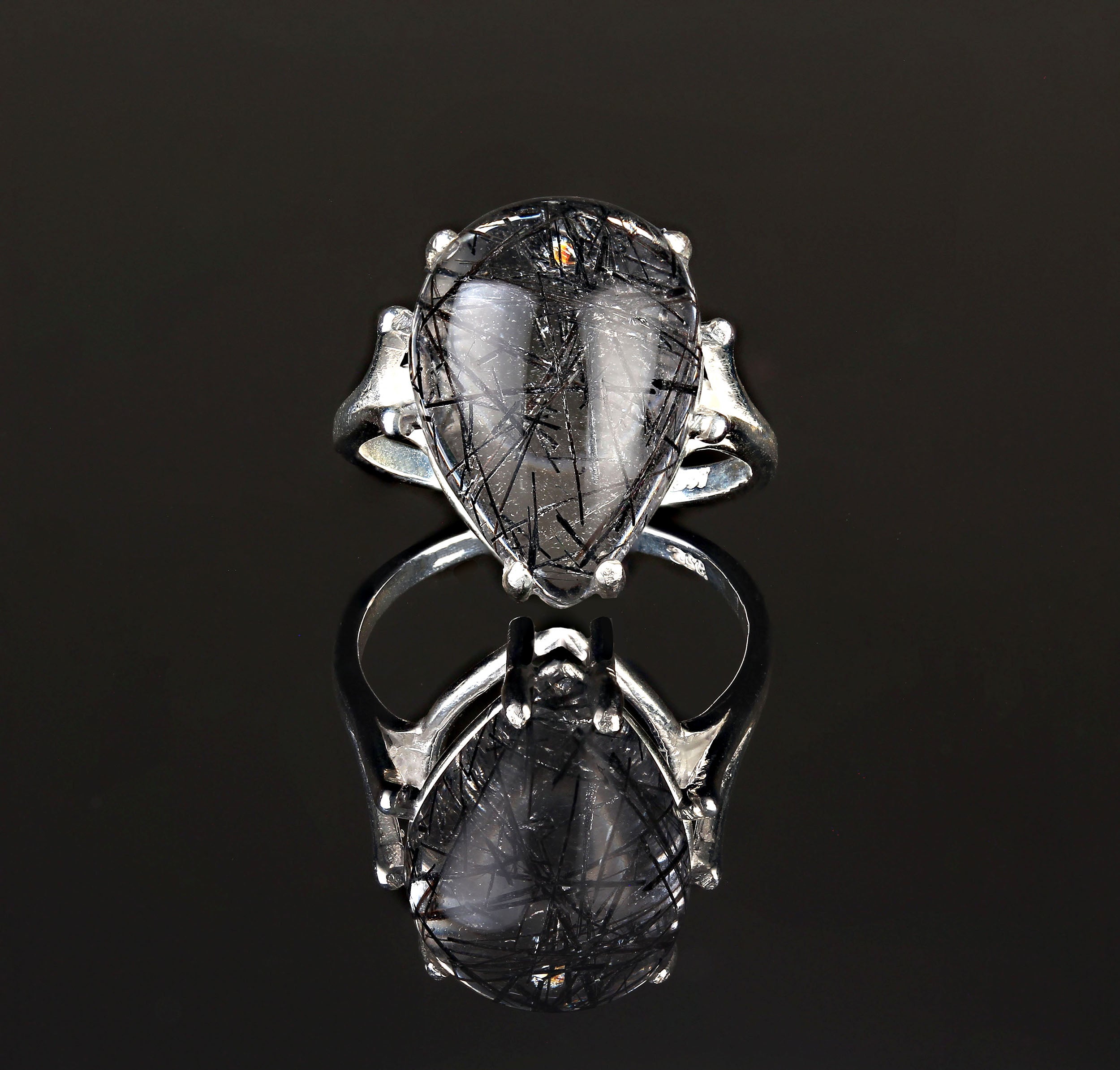 AJD Tourmalinated Quartz Pear Shaped Cabochon in Sterling Silver Ring
