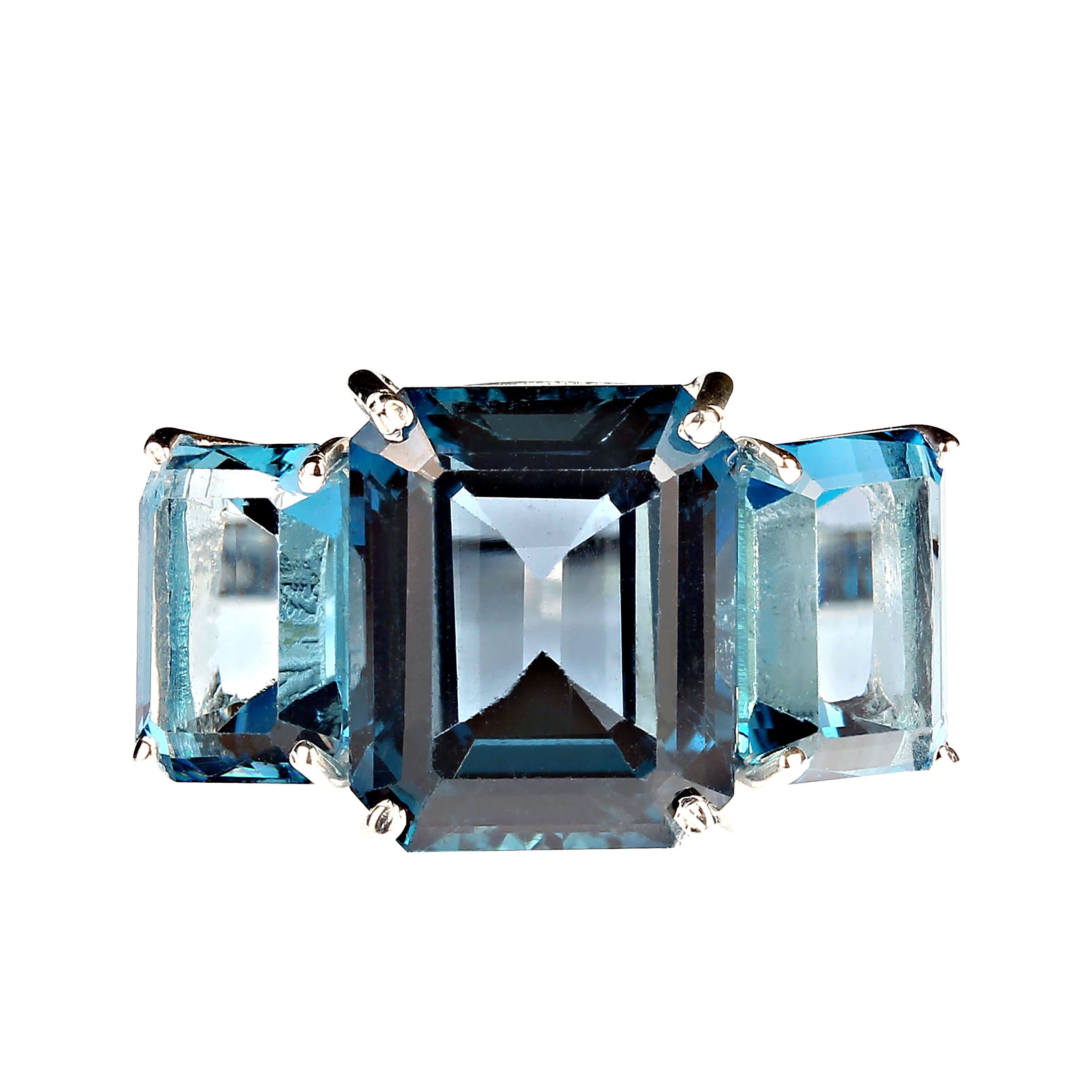 AJD Classic Three Stone Ring of Emerald Cut London Blue Topaz For Sale