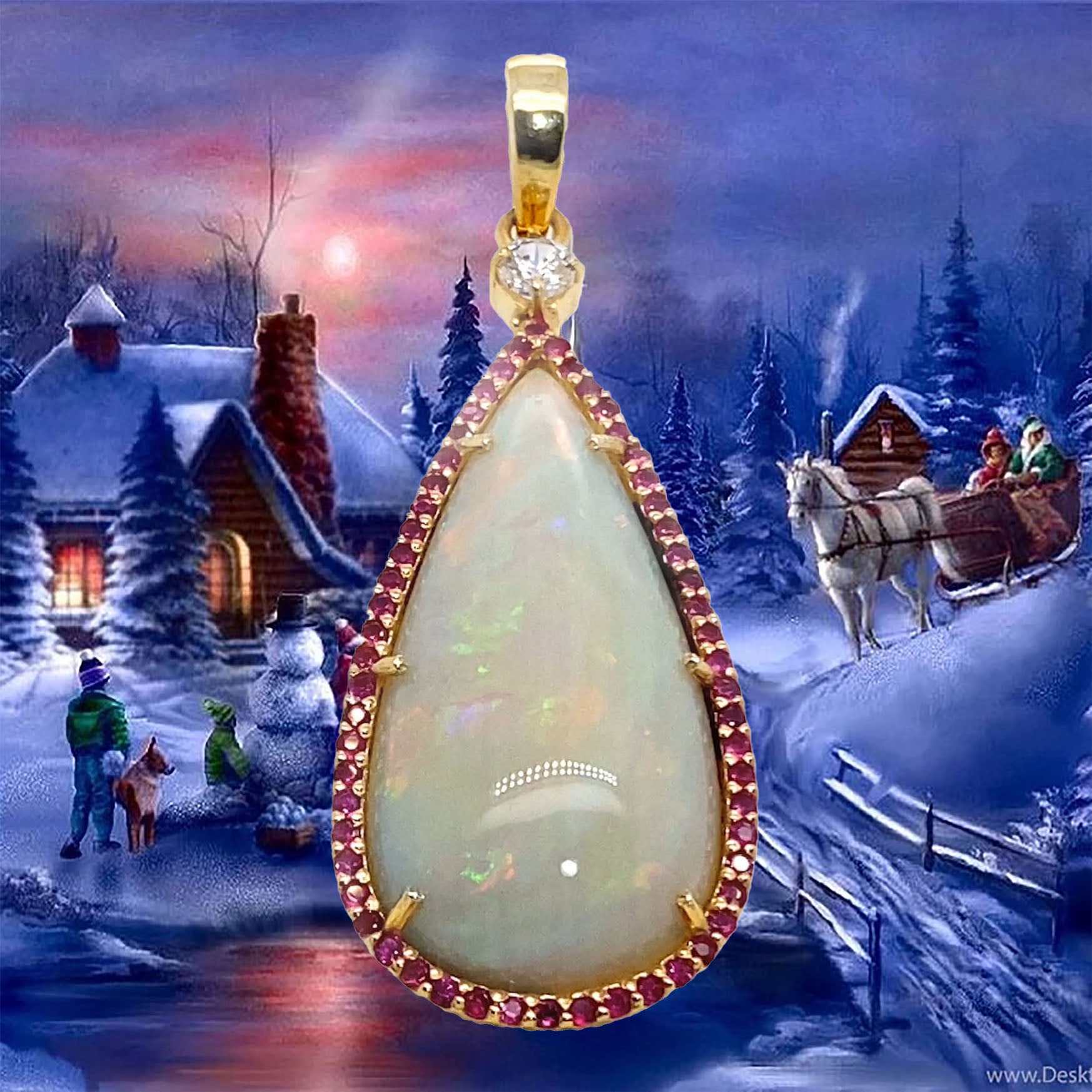 AJD Pendant of Magnificent Teardrop Opal Flashing Red & Green Surrounded by Ruby For Sale 1