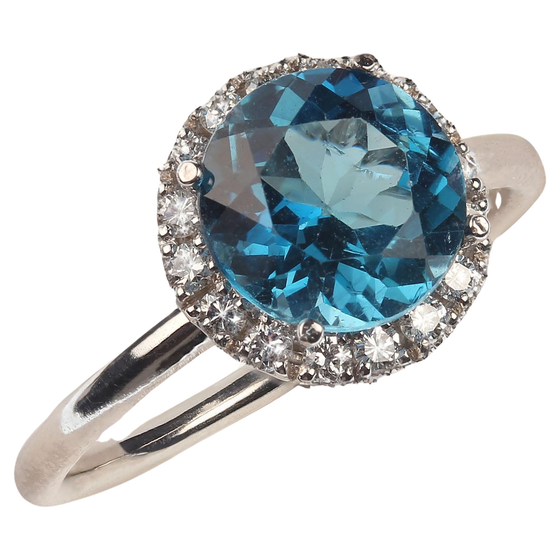 Artisan AJD Unique and delightful Blue Topaz and Diamond 14K White Gold Ring For Sale