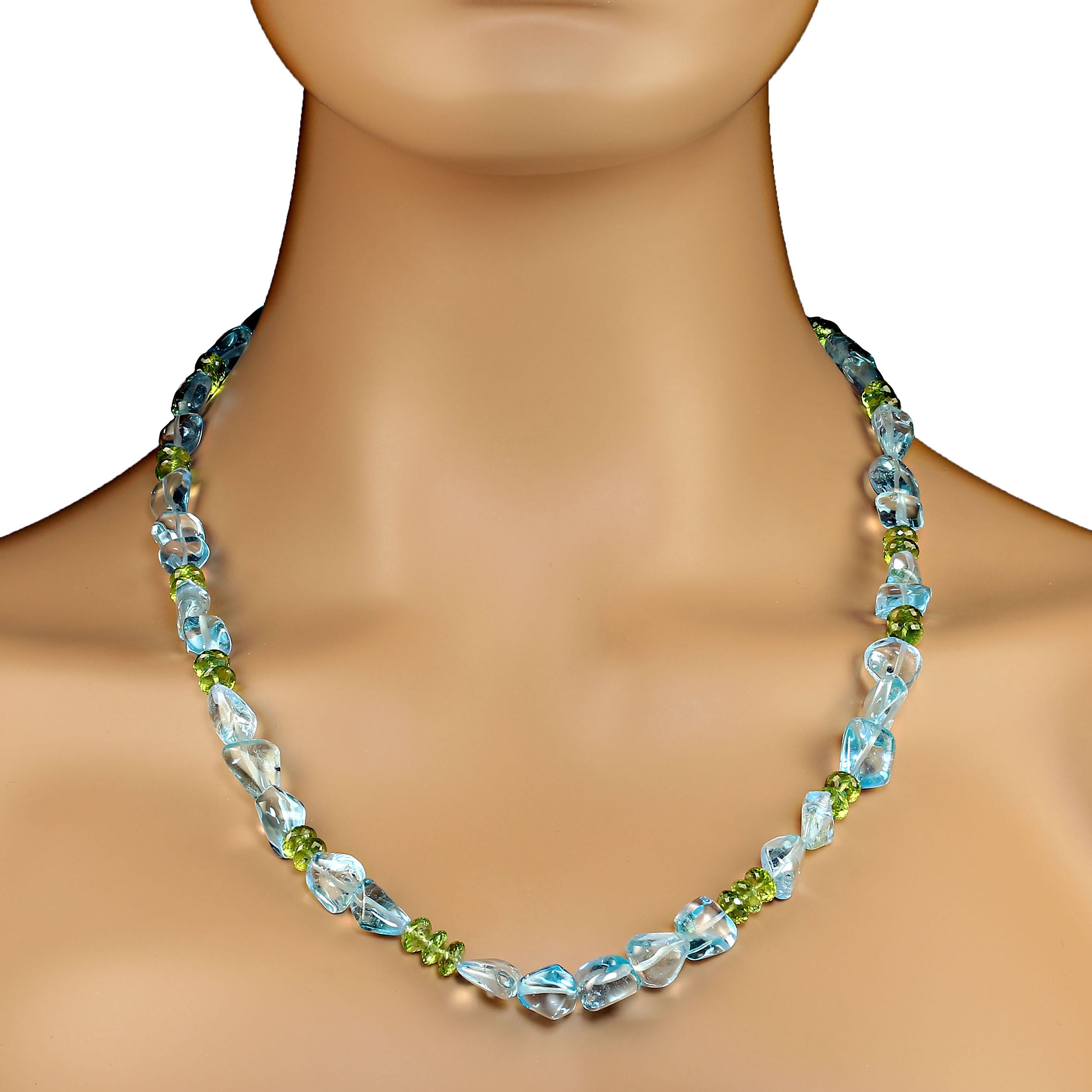 Dazzling 23-Inch Blue Topaz and Peridot Nugget Necklace
Discover the perfect blend of elegance and fun with this 23-inch sparkling necklace, showcasing a stunning combination of highly polished blue topaz nuggets and faceted rondelles of vibrant