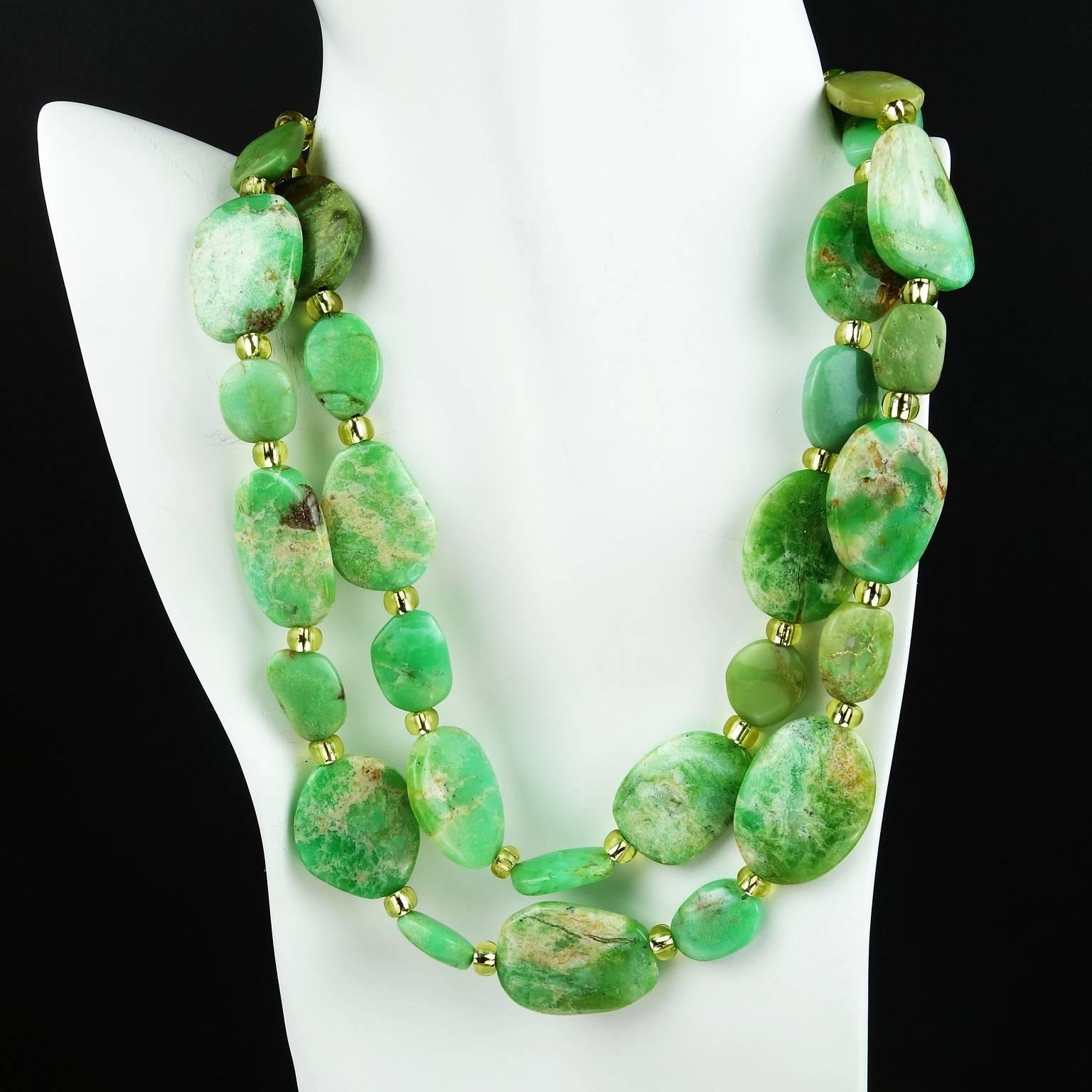 Custom made, green, green Chrysoprase in Flat Uneven Pieces varying from 30x22mm to 15x12mm in a two strand Necklace.  Lovely, soft Green Chrysoprase pieces with some matrix are enhanced with gold Czech beads and a Citrine clasp.  This unique