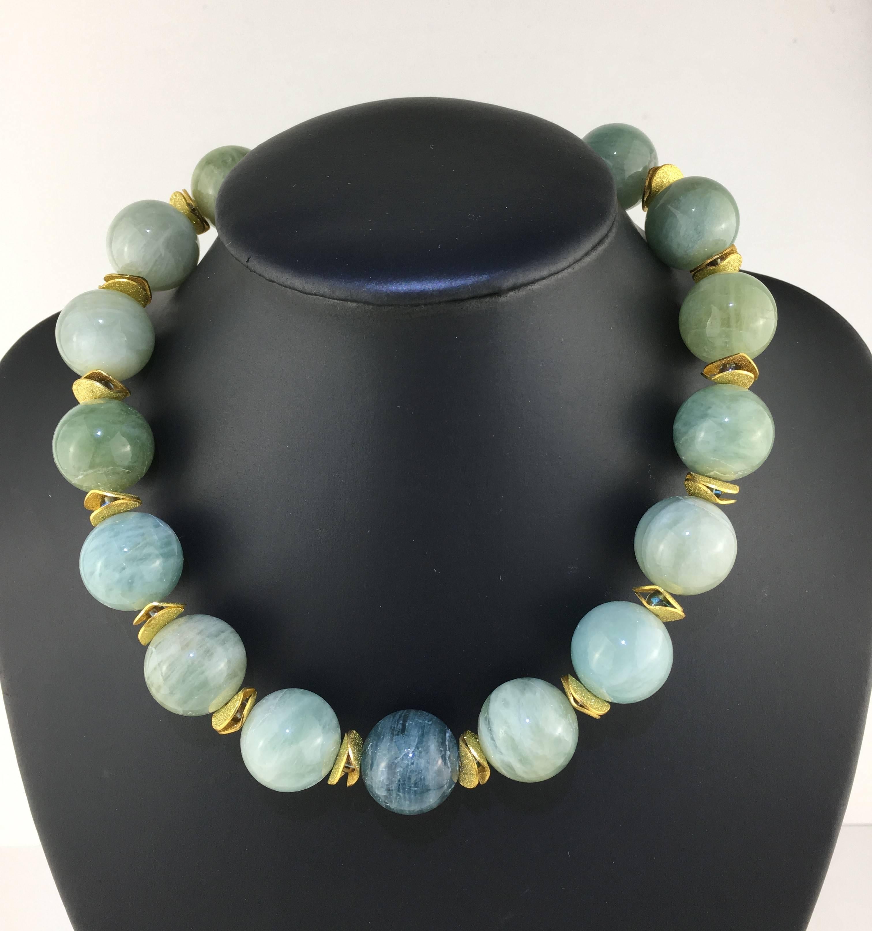 Artisan Glowing, Large Spheres of Polished Opaque Aquamarine Choker  March Birthstone