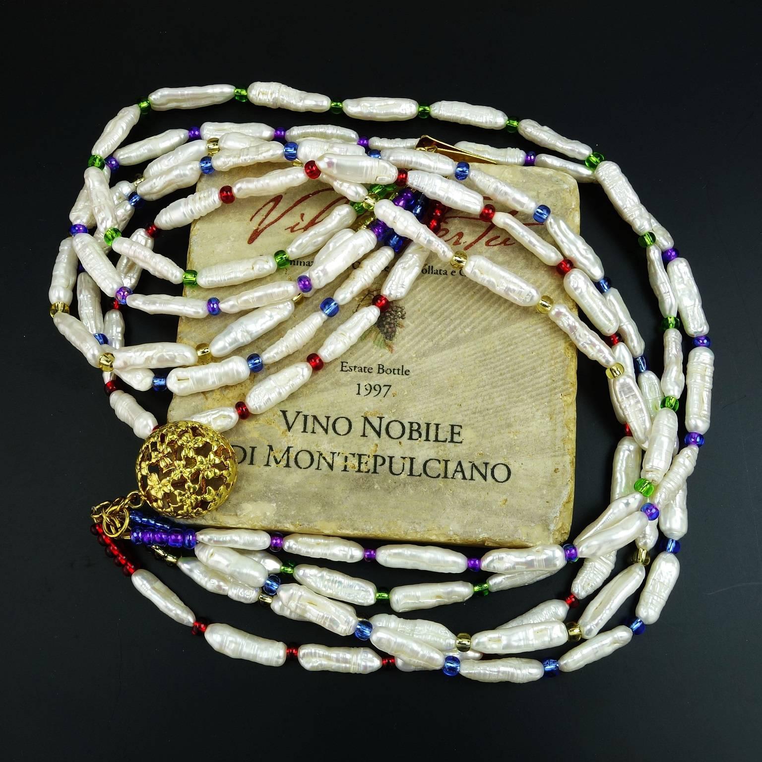 AJD Five-Strand Pearl and Czech Bead Necklace June Birthstone In New Condition In Raleigh, NC