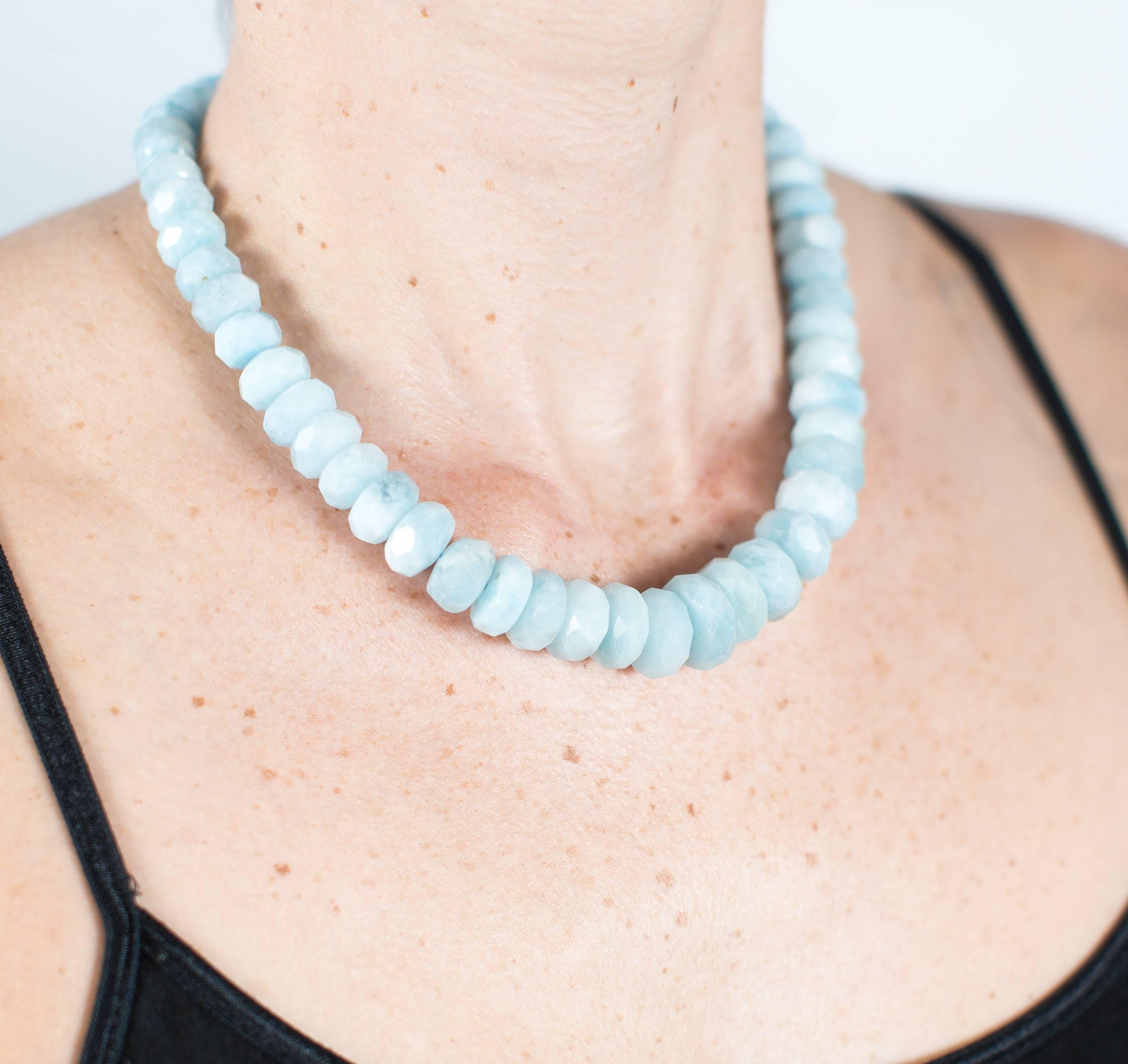 Custom made necklace of Faceted Graduated Rondels (8-17mm)) of Sparkly Bright Aquamarine. Although these gemstones are opaque they are definitely sea blue aquamarine and a very desirable color. The choker length of 17 inches is a delightful way to