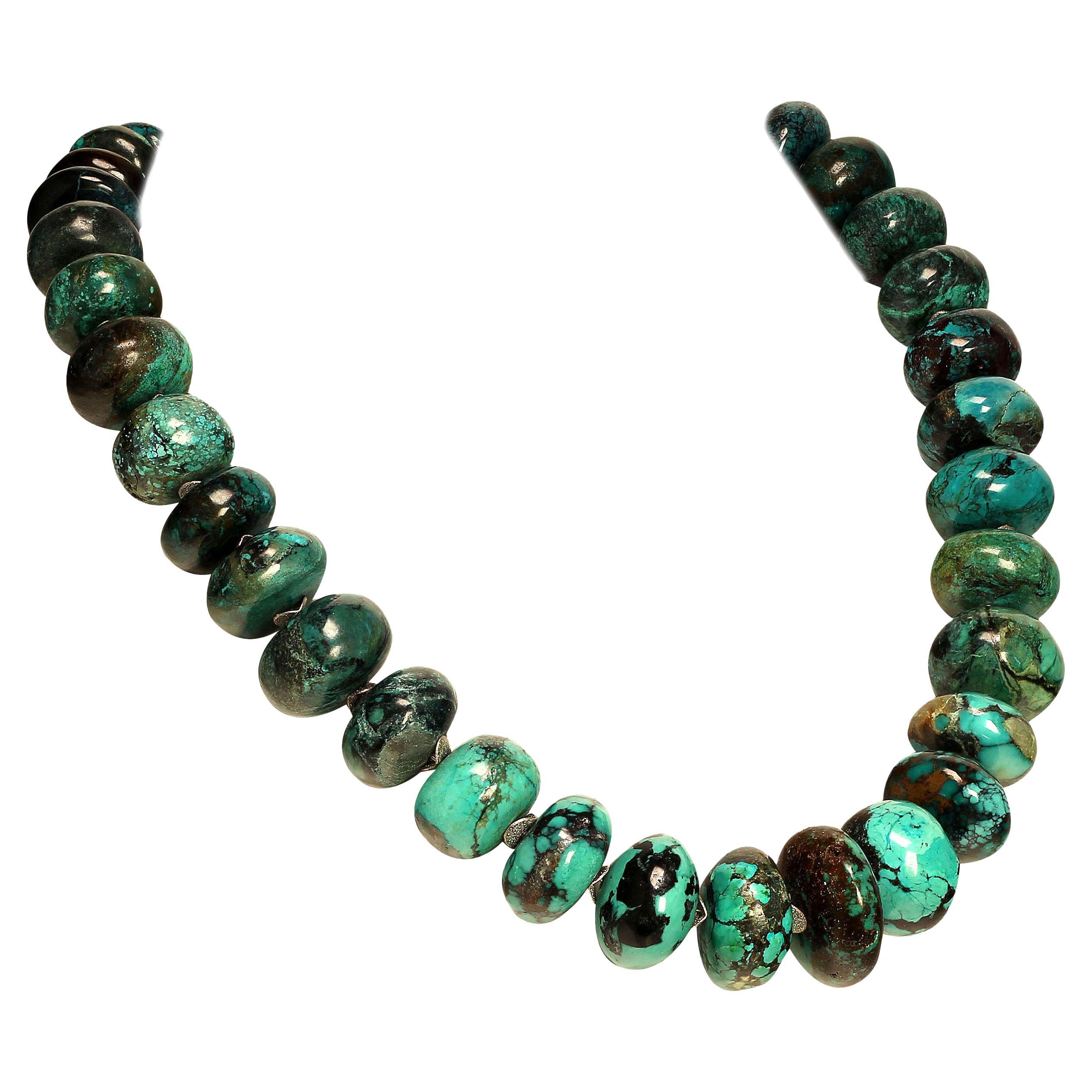 AJD 21 Inch Graduated Turquoise Rondelles with Silver Tone Flutters Necklace