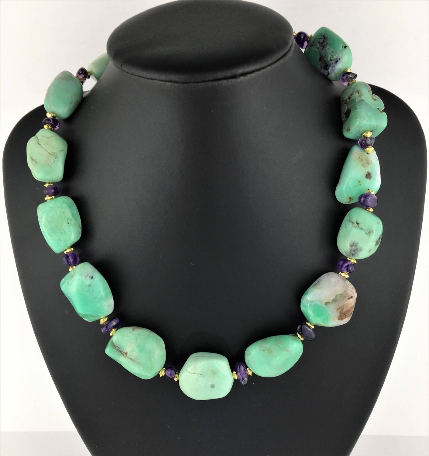 Polished Chrysoprase Nugget and Amethyst Necklace For Sale at 1stdibs