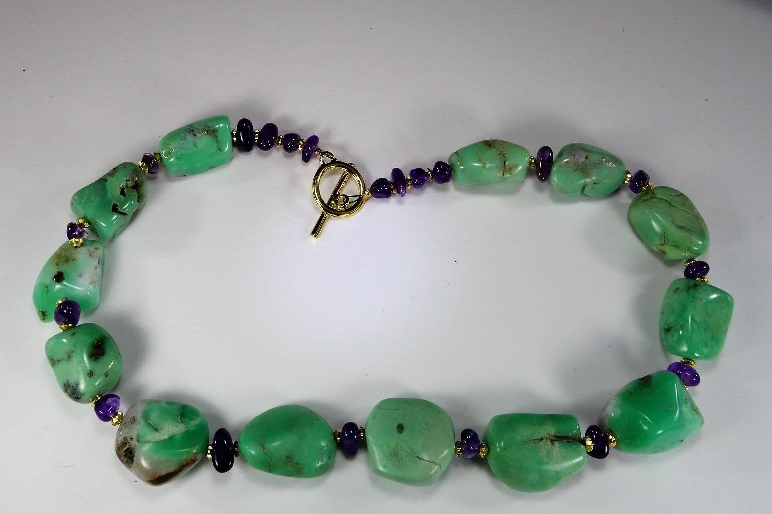 Polished Chrysoprase Nugget and Amethyst Necklace In New Condition In Raleigh, NC