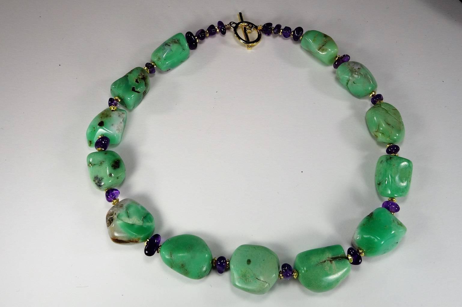 Bead Polished Chrysoprase Nugget and Amethyst Necklace