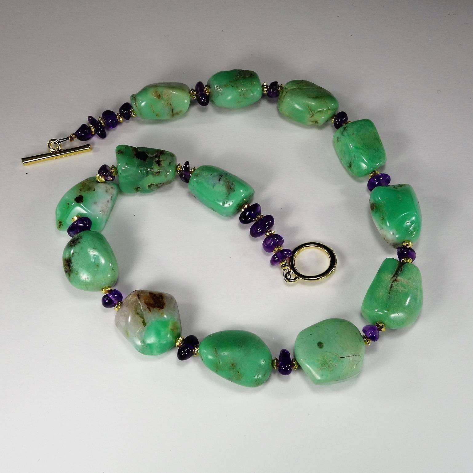 Women's or Men's Polished Chrysoprase Nugget and Amethyst Necklace