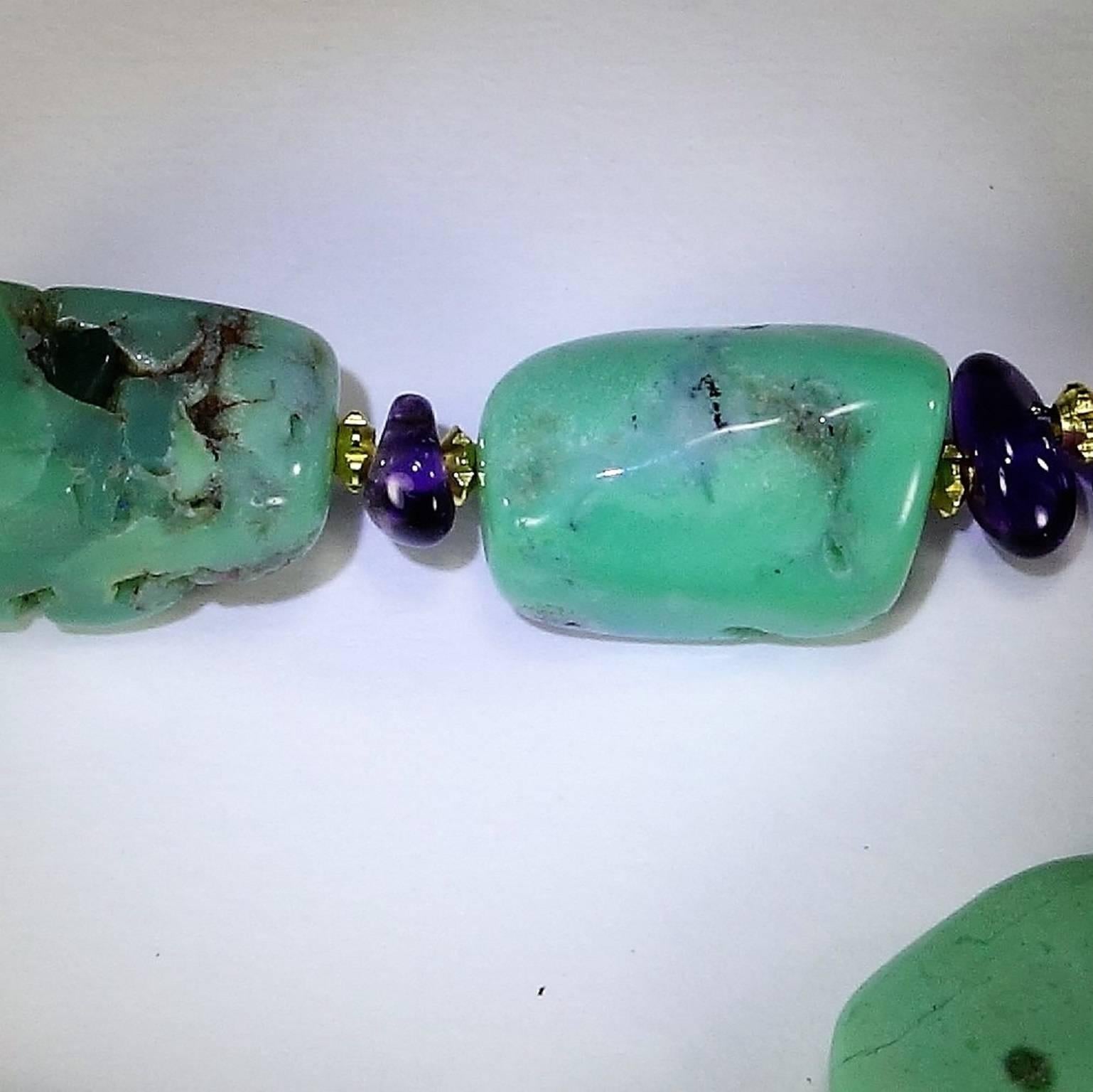Polished Chrysoprase Nugget and Amethyst Necklace 2