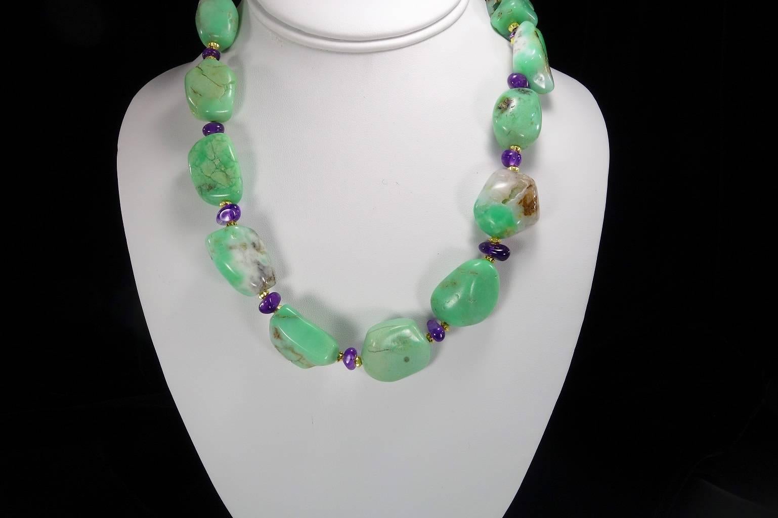 Polished Chrysoprase Nugget and Amethyst Necklace 3