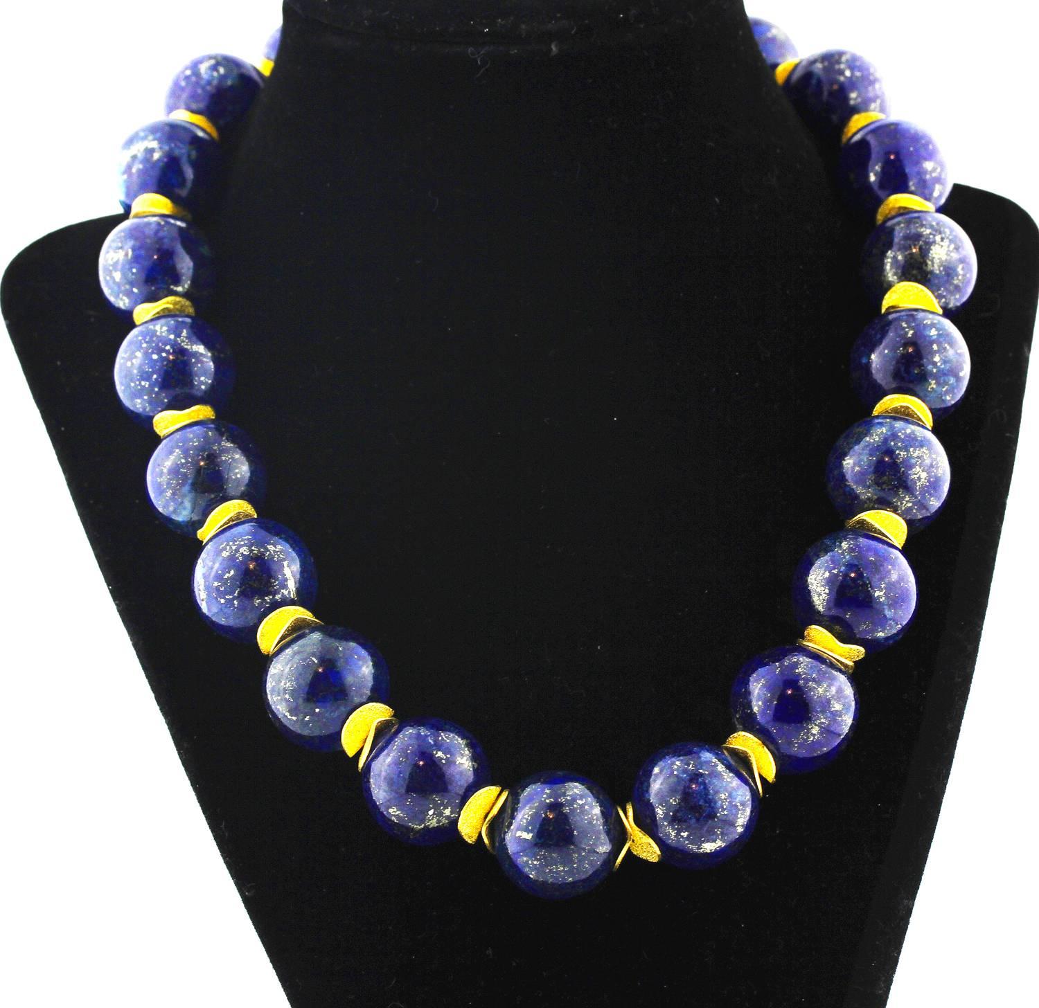 These large beautiful unique natural Afghan Lapis Lazuli are really quite stunning and are enhanced with glittering vermeil clasp inset with tiny diamonds on this handmade necklace.
Size:  20 mm;  Length:  19 inches;  Clasp:  vermeil (gold plated