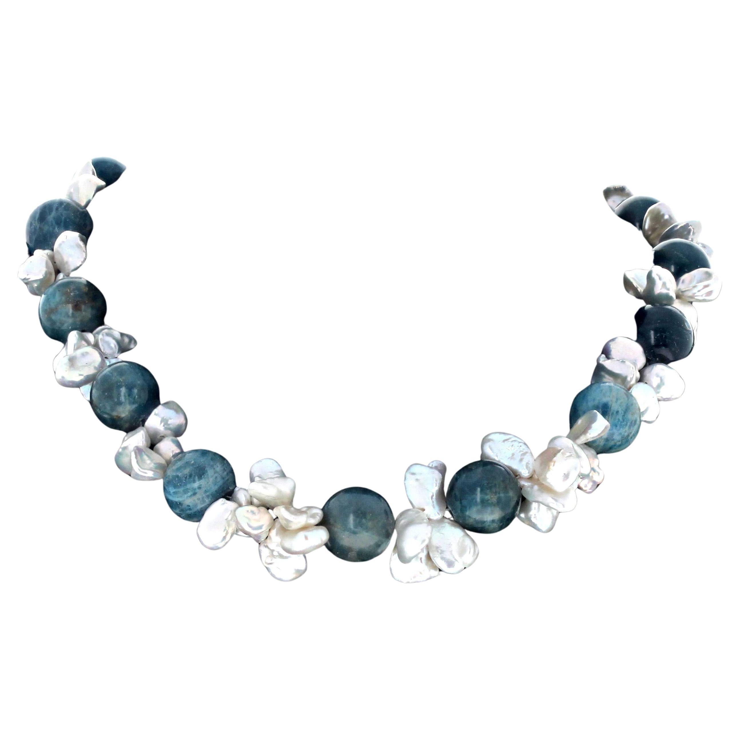 Collana AJD Blu e Verde e Bluegreen di Apatite Reale e Conchiglie di Perle Bianche da 16 pollici