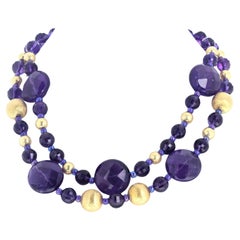 Double Strand Real Amethysts & Goldy Rondels 17" Necklace