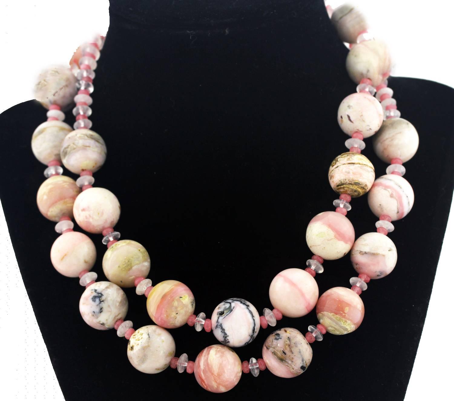 Mixed Cut AJD Super Chic Double Strand Peruvian Opals and Rose Quartz Necklace For Sale