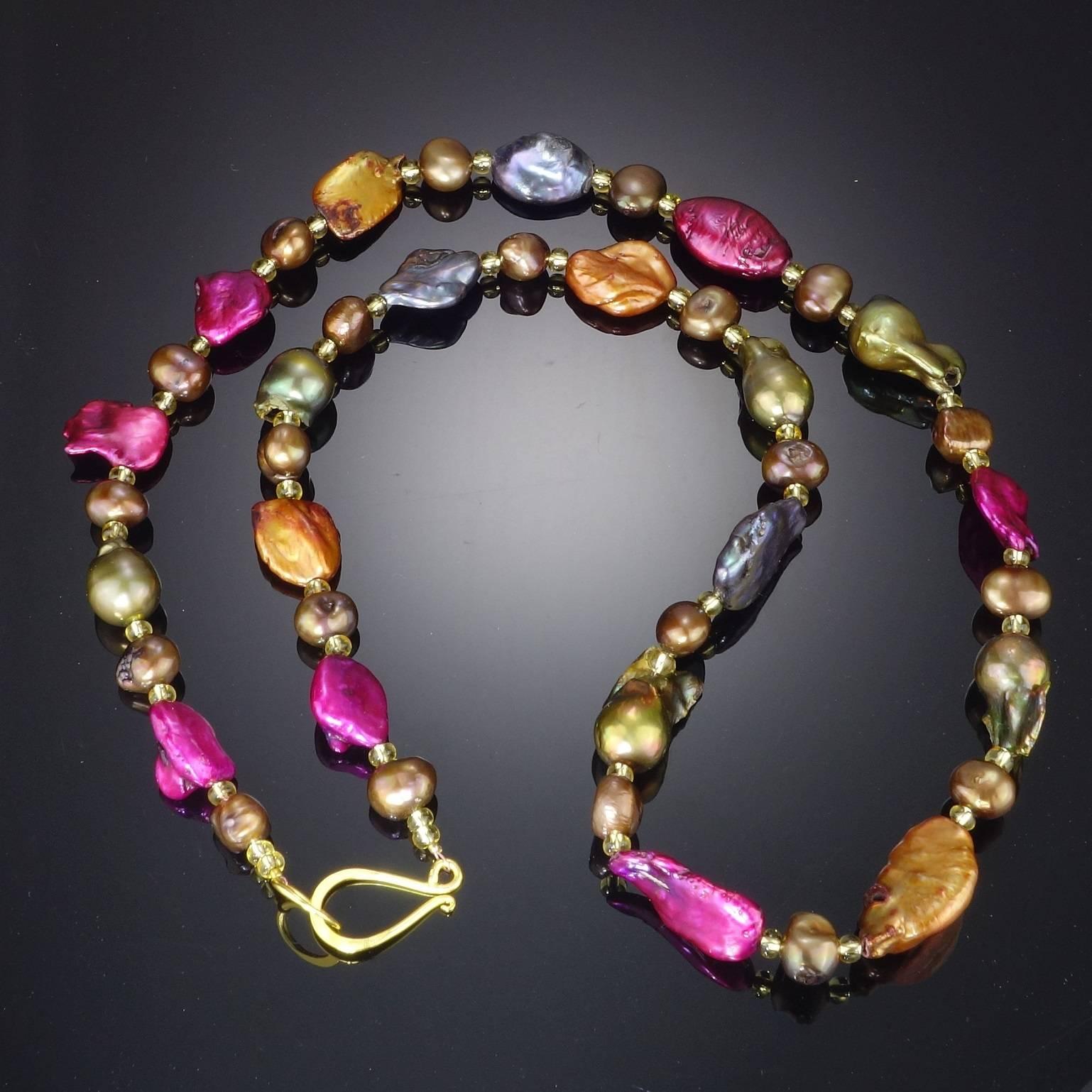 Custom made, Jewel Tone Baroque Pearl Necklace enhanced with brown pearls and gold czech beads.  This is a Statement Necklace to wear when you want to feel great.  The Baroque Pearls are a variety of deep jewel tones and unusual shapes.  Unique. 