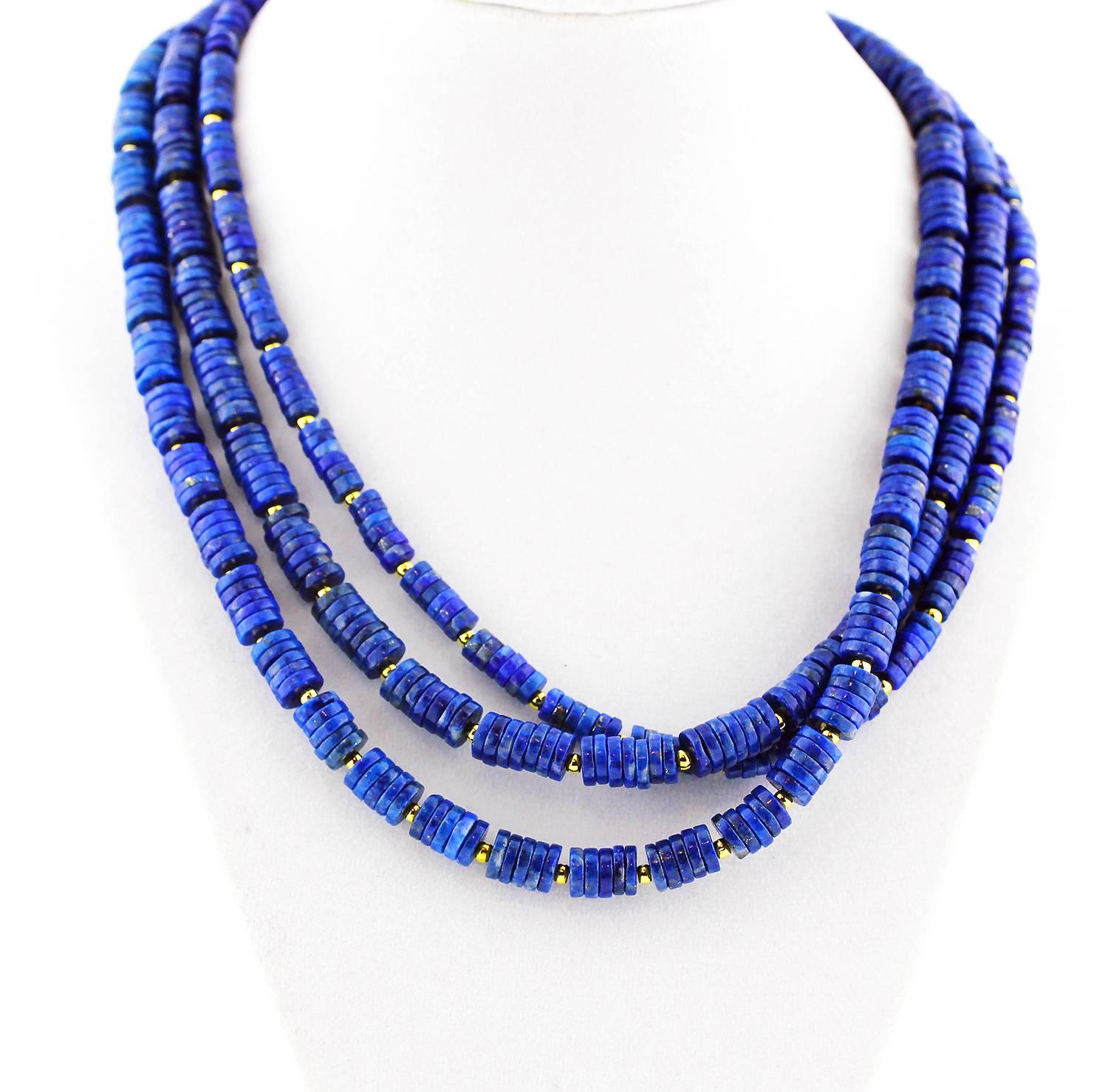 Triple strand of beautiful blue natural Lapis Lazuli with goldy accents
Size:  multi sizes largest approximately 7.5 mm
Length:  18 inches
Clasp:  gold plated