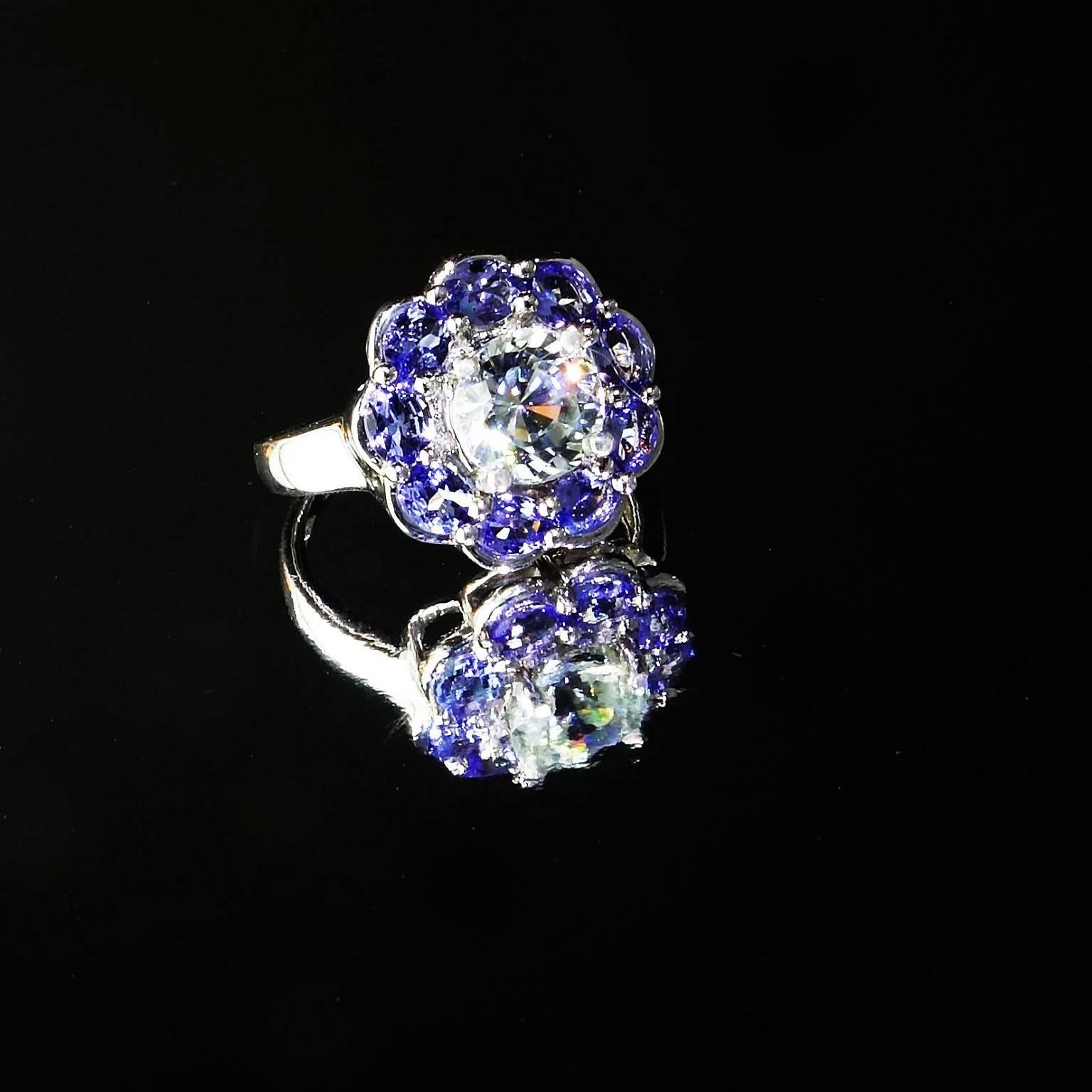 Fancy Cocktail Ring of Sparkling Round Cambodian Zircon, 2.70ct, and Tanzanites, 1.44ct. The ring measures 5/8 inches across the top. This unique ring is a show stopper, it ring sparkles and pops and can't wait to be seen! Size 7.Not sizable. 