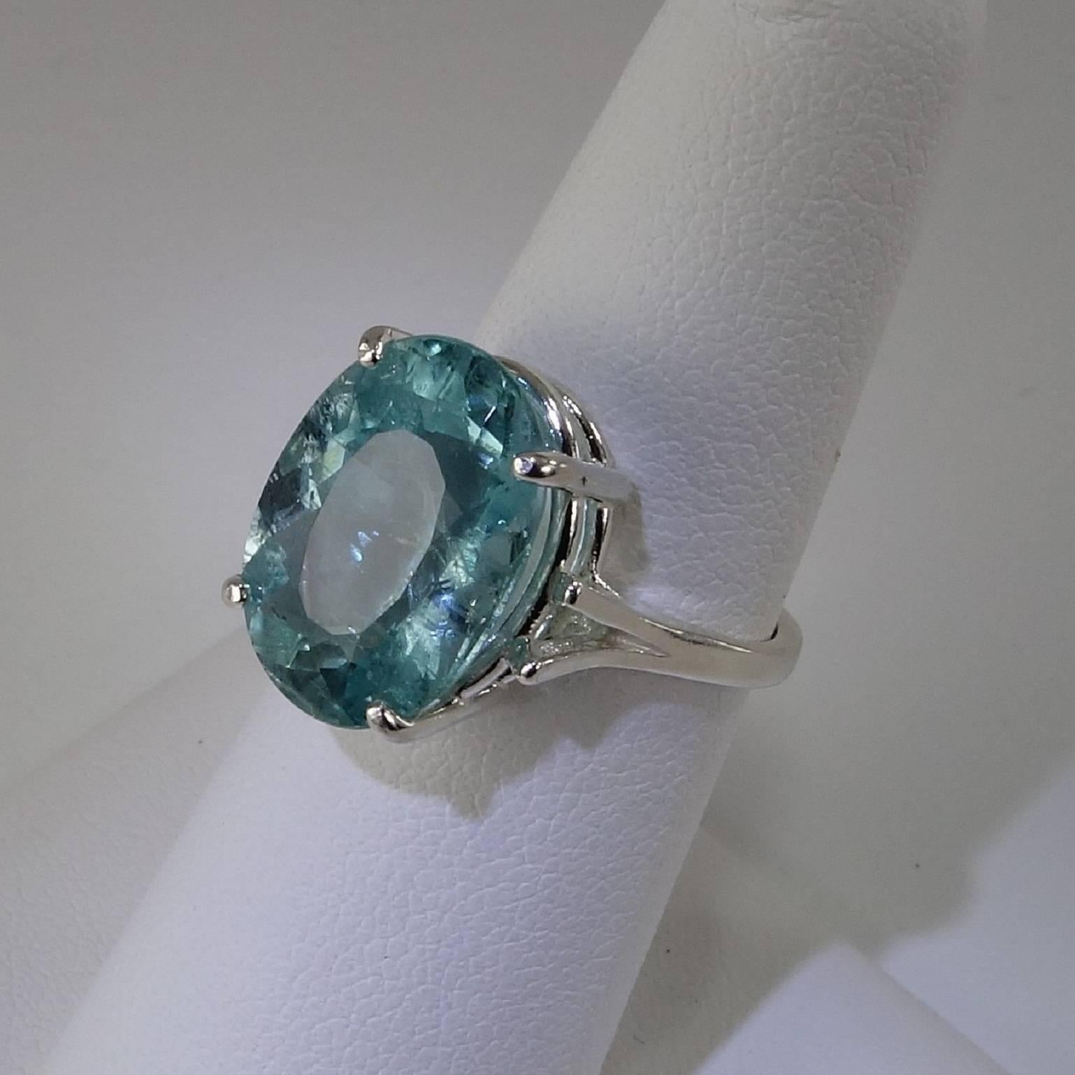 Women's or Men's Oval Bright Blue Aquamarine Sterling Silver Cocktail Ring