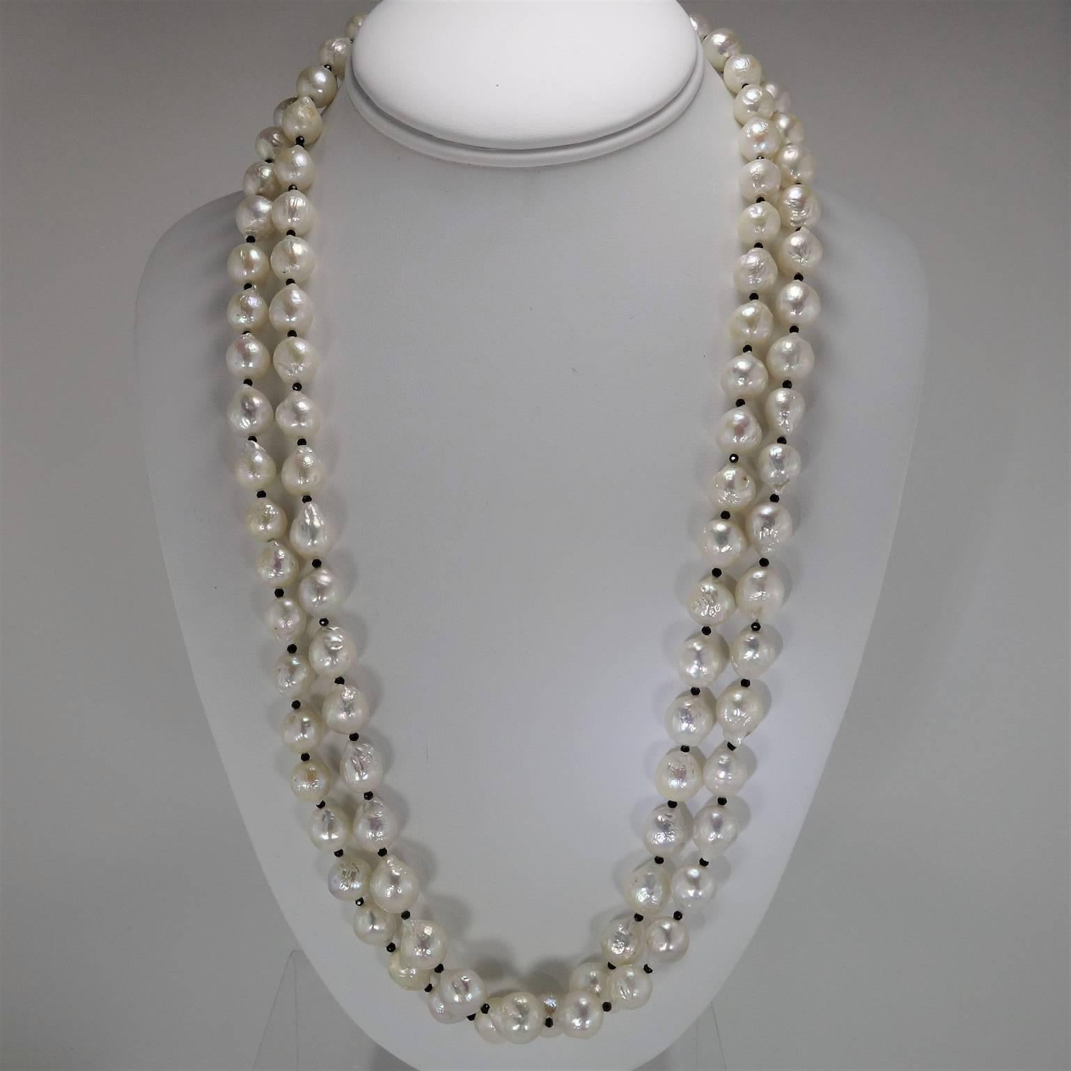Women's or Men's Double Strand White Fireball Pearl Necklace