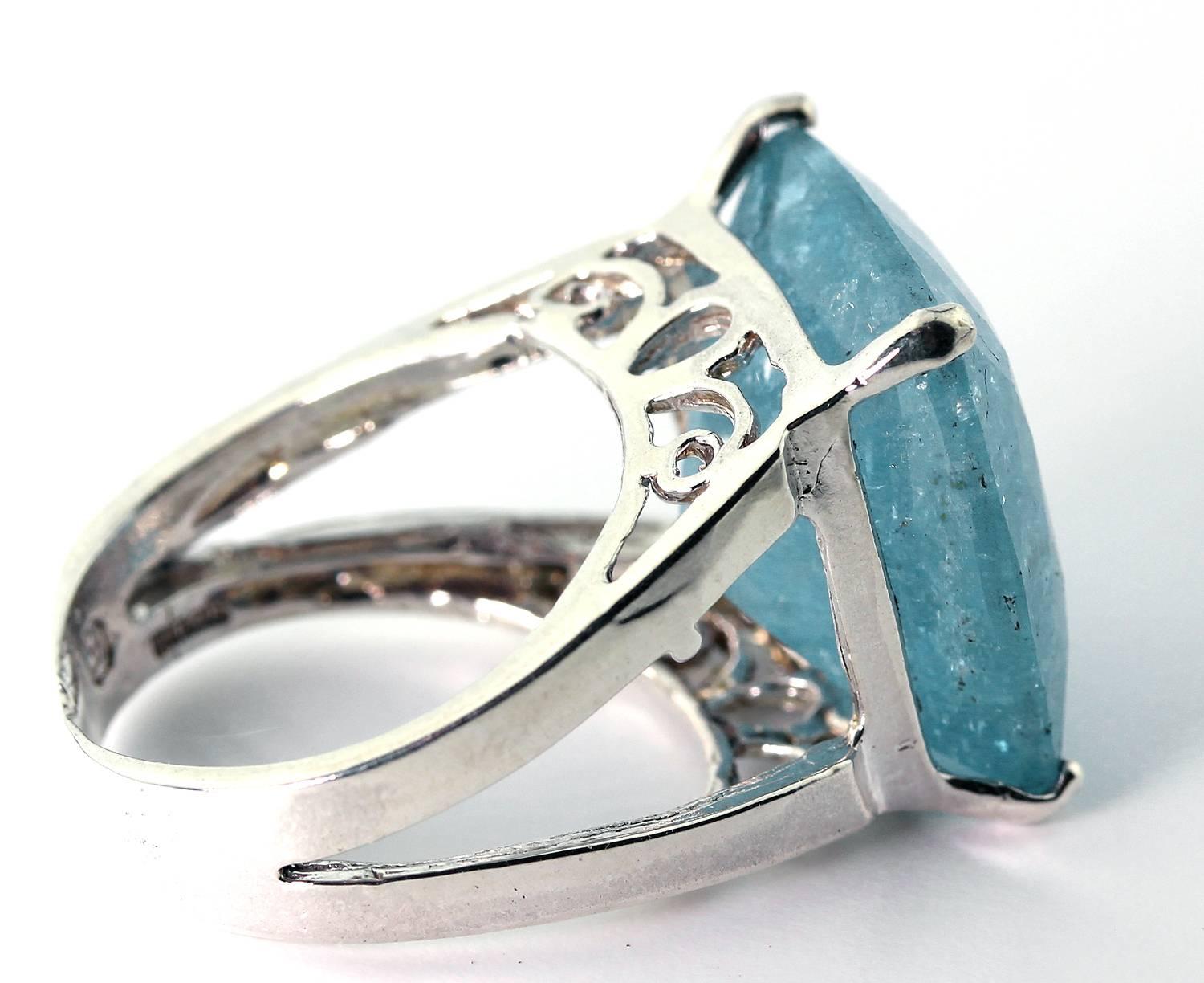 Women's Unique Super Large Beautiful Blue Aquamarine Sterling Silver Ring