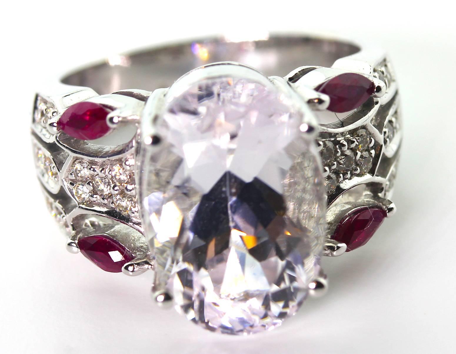 Kunzite Ruby Diamond White Gold Ring In Excellent Condition In Raleigh, NC