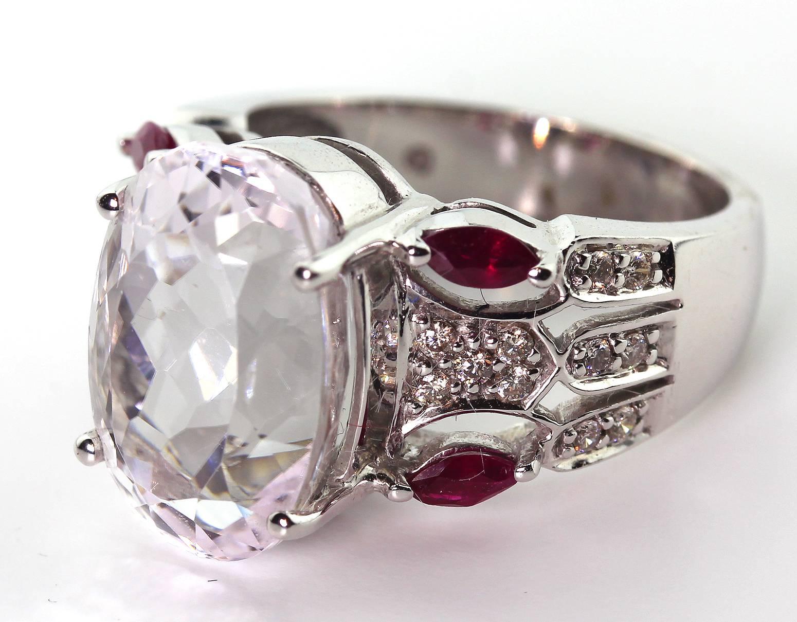 Women's Kunzite Ruby Diamond White Gold Ring