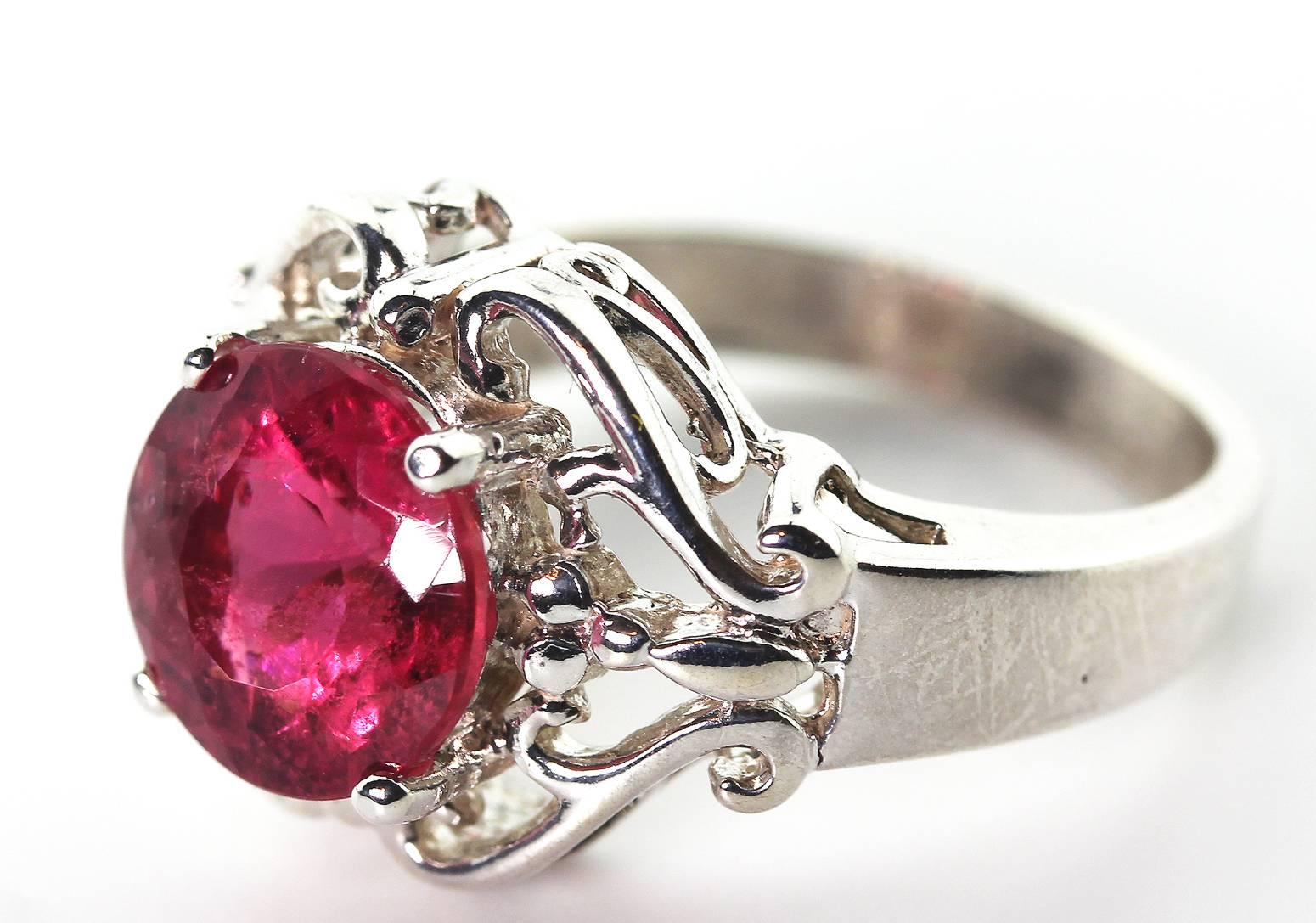 Round Cut AJD Gorgeously Glittering 2.74 Ct ReddishPink Tourmaline Silver Cocktail Ring