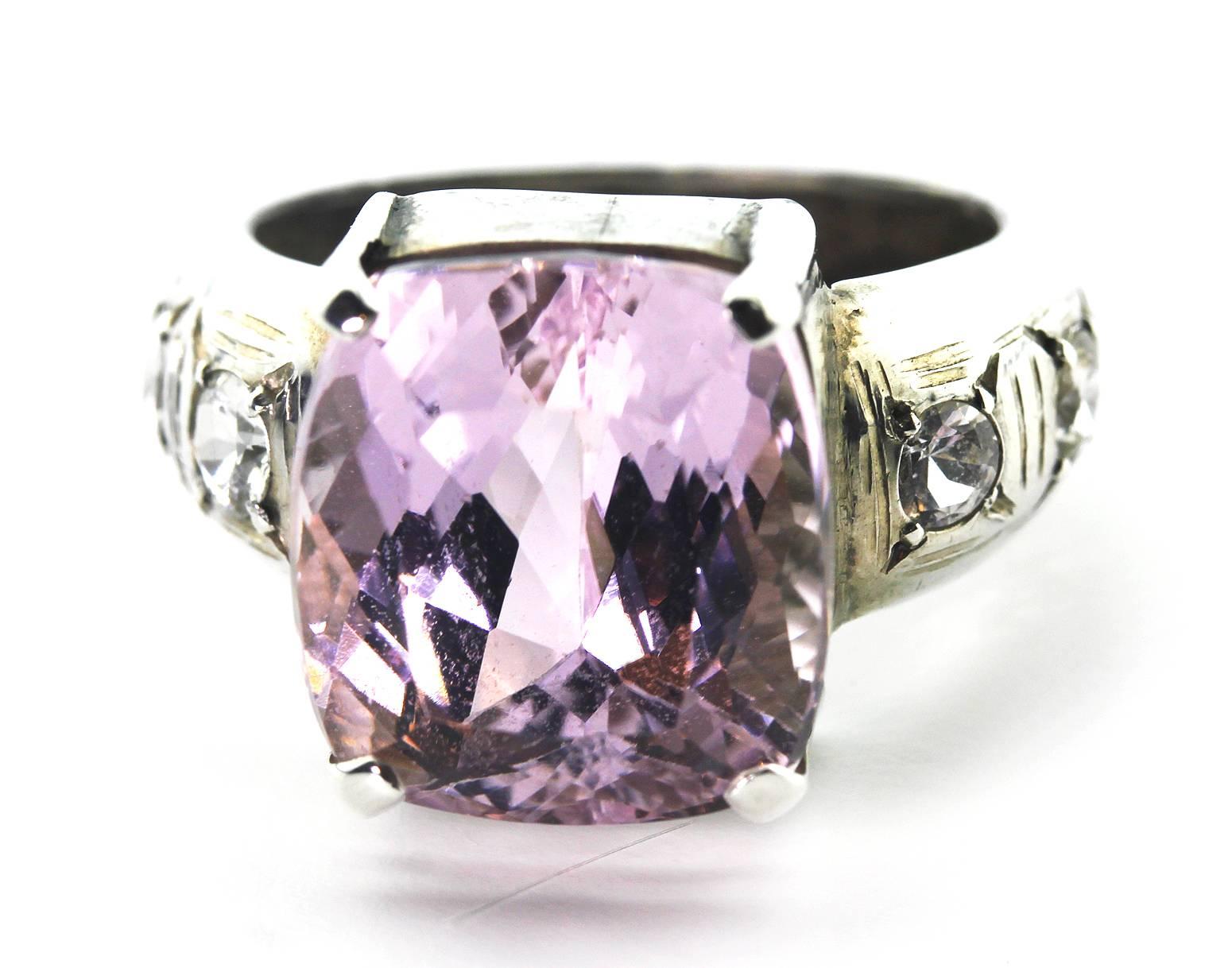 AJD Elegant 9+ Ct Kunzite & Sri Lankan White Sapphire Silver Cocktail Ring In New Condition For Sale In Raleigh, NC