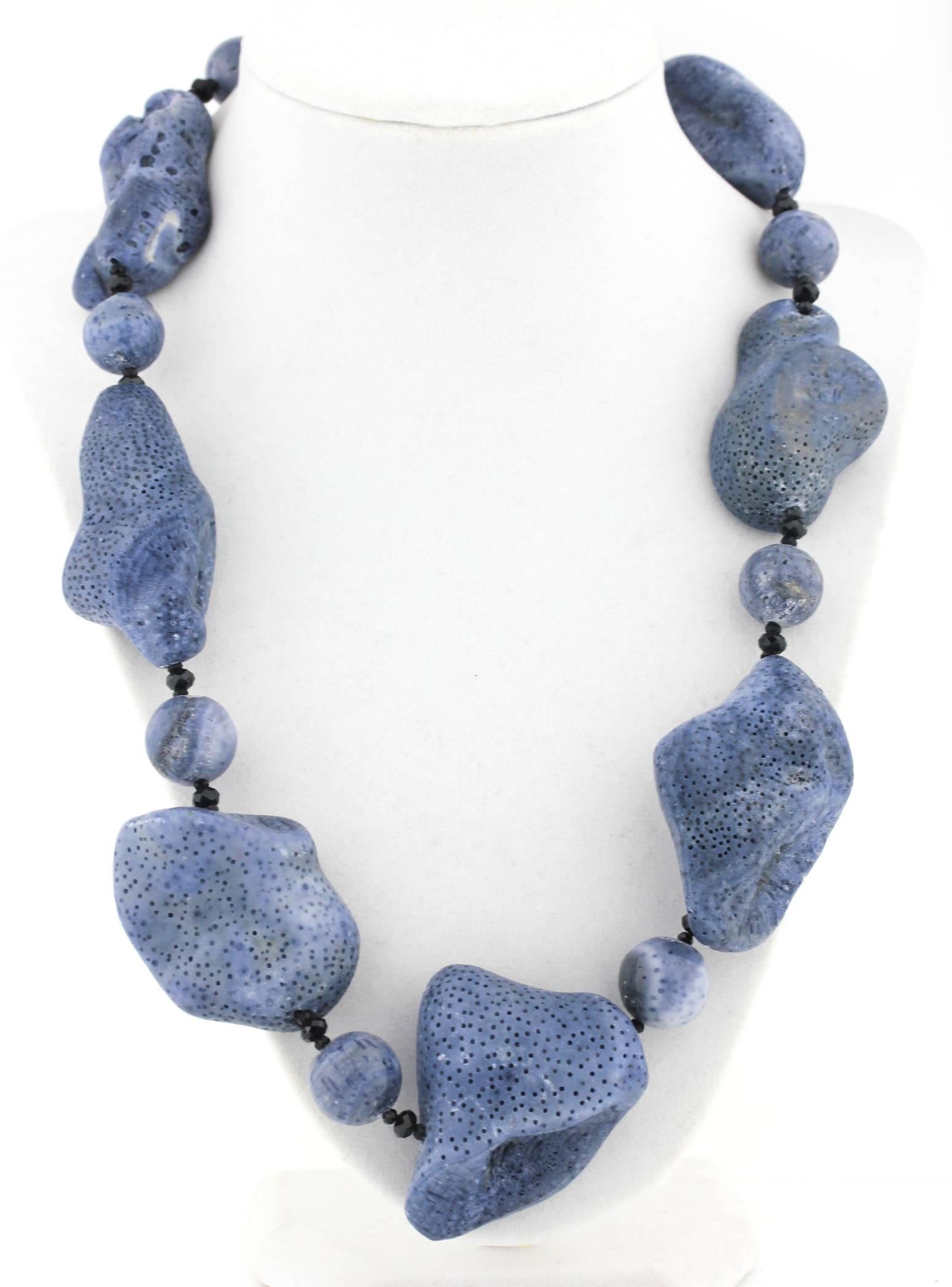 Natural Blue Coral black Spinel Diamonds Sterling Silver Necklace In Excellent Condition In Raleigh, NC