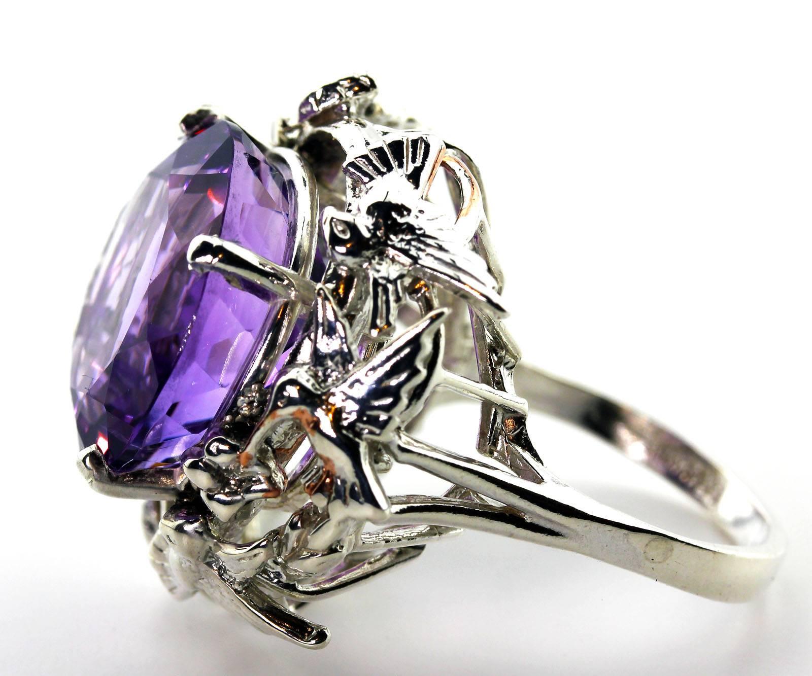 22.76 Carat Round Amethyst Sterling Silver Humming Bird Ring In Excellent Condition In Raleigh, NC