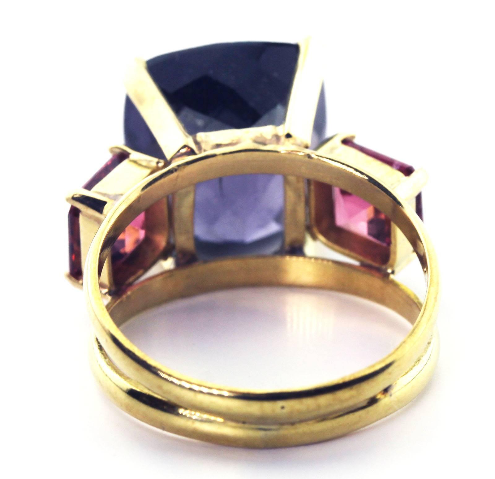 8 Carat Two-Tone Purple Green Pink Tourmaline 18KT Yellow Gold Ring In New Condition In Raleigh, NC