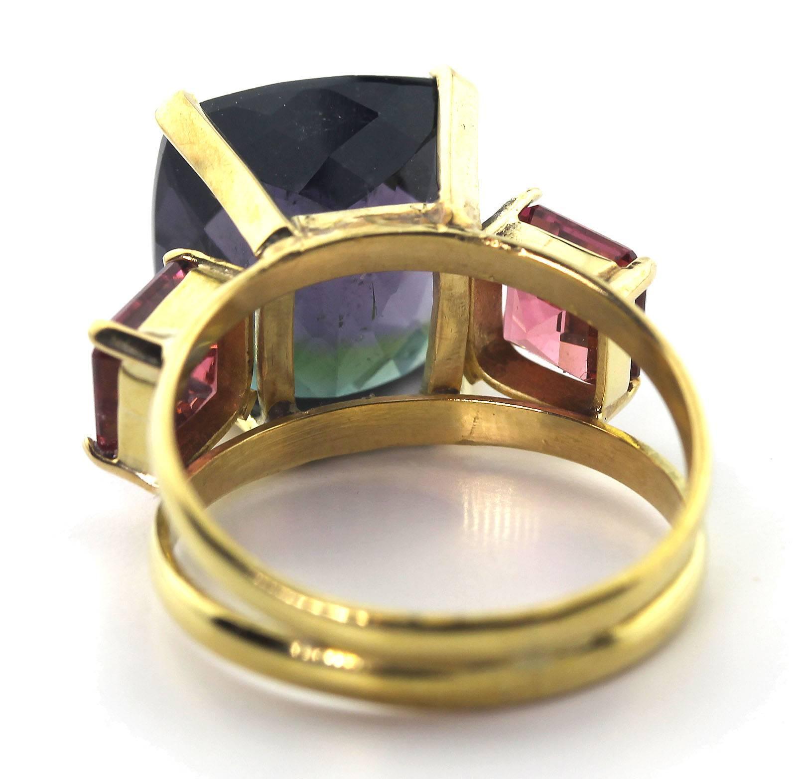 Women's 8 Carat Two-Tone Purple Green Pink Tourmaline 18KT Yellow Gold Ring