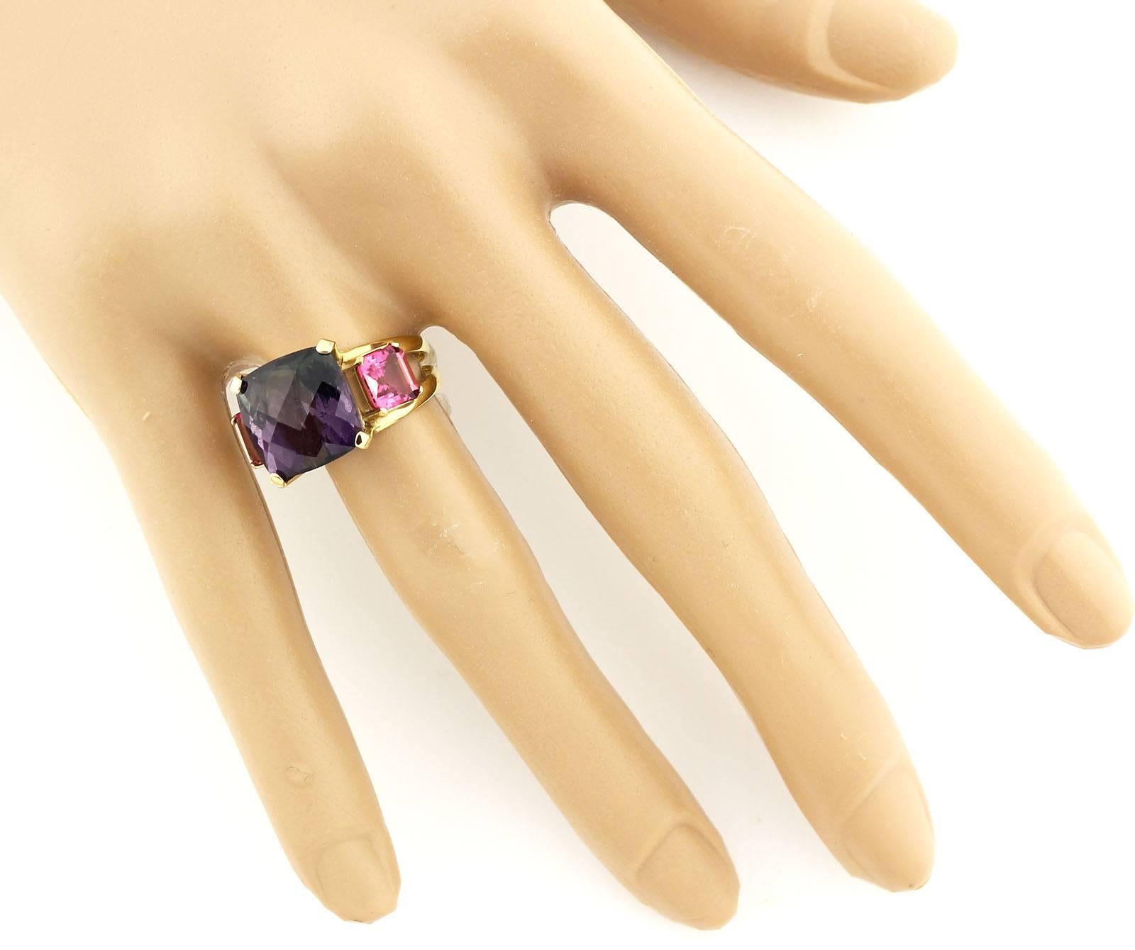 8 Carat Two-Tone Purple Green Pink Tourmaline 18KT Yellow Gold Ring 1