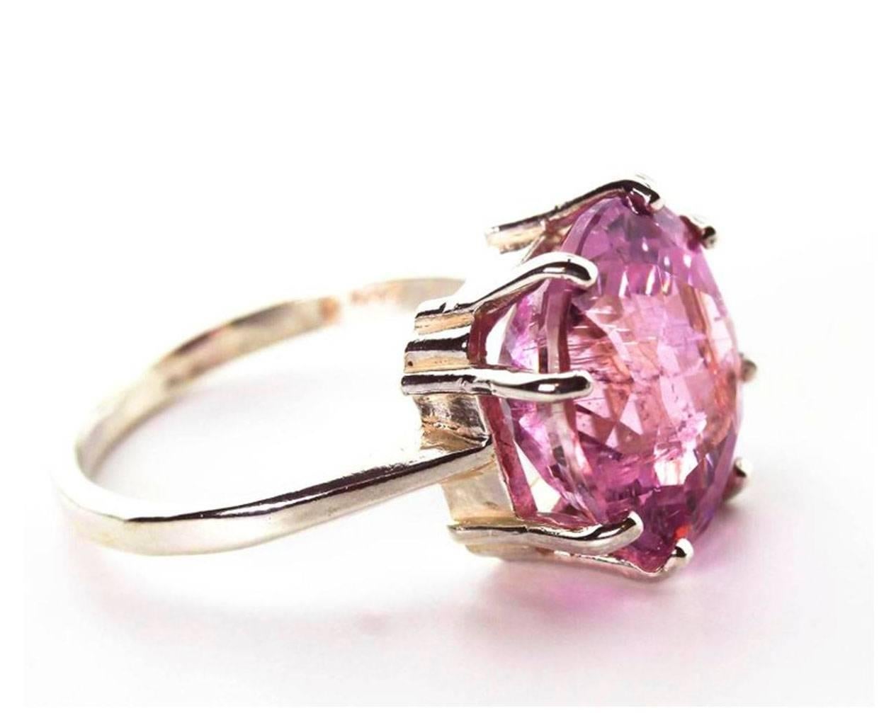 AJD Magnificent Solitaire 14 Cts Round Pink Kunzite Sterling Silver Ring 1