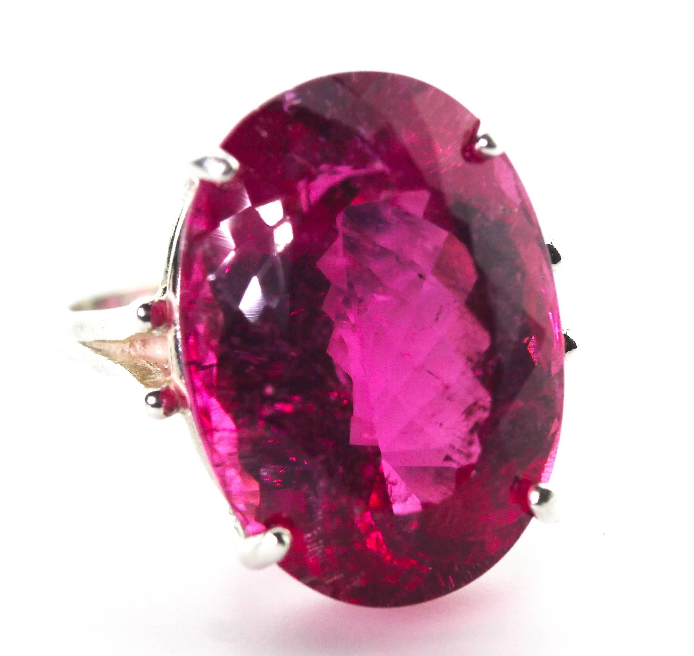 19.59 Carat Oval Rubelite Tourmaline Sterling Silver Ring In Excellent Condition In Raleigh, NC