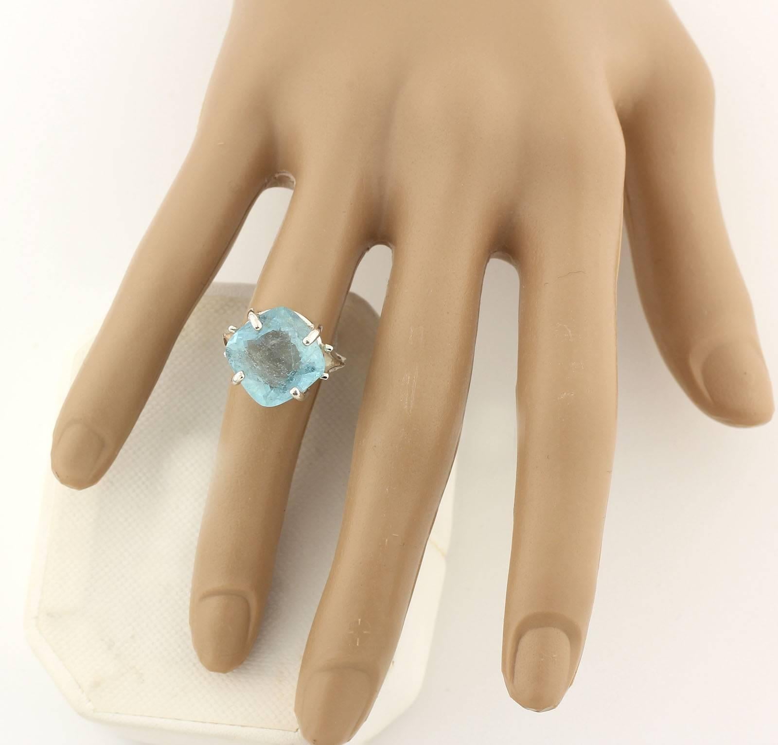 10.59 Carat Cushion Cut Square Aquamarine Sterling Silver Ring 2