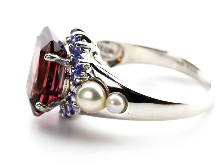 Mixed Cut AJD Elegant 7.2 Ct Brilliant Red Zircon, Sapphire, Pearl Sterling Cocktail Ring For Sale