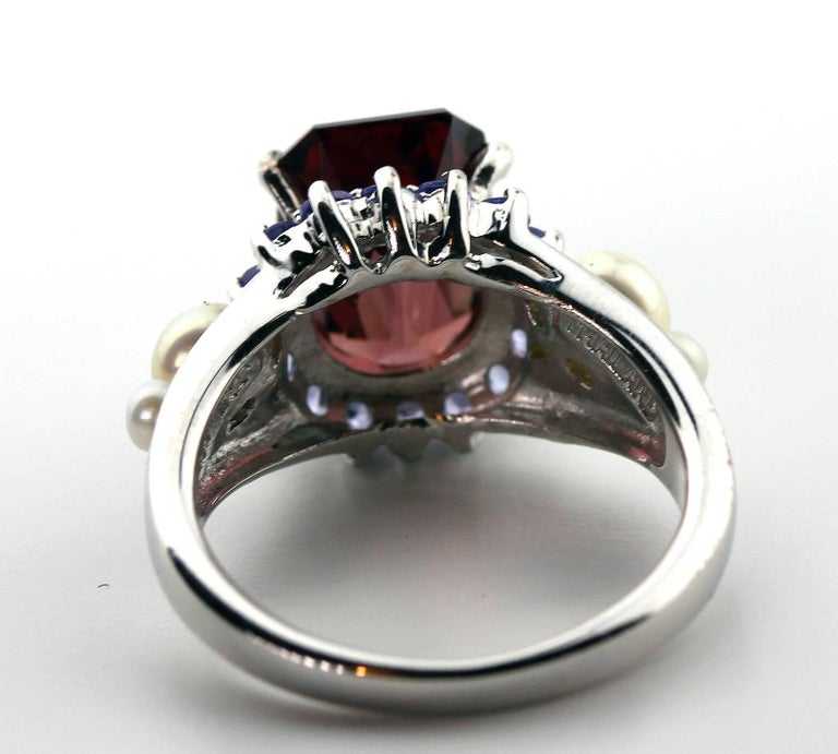 AJD Elegant 7.2 Ct Brilliant Red Zircon, Sapphire, Pearl Sterling Cocktail Ring In New Condition For Sale In Tuxedo Park, NY