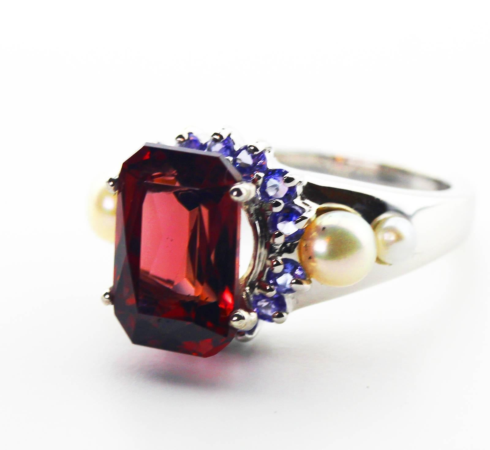Artisan AJD Elegant 7.2 Ct Brilliant Red Zircon, Sapphire, Pearl Sterling Cocktail Ring