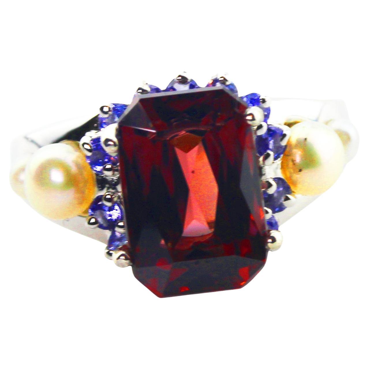 AJD Elegant 7.2 Ct Brilliant Red Zircon, Sapphire, Pearl Sterling Cocktail Ring