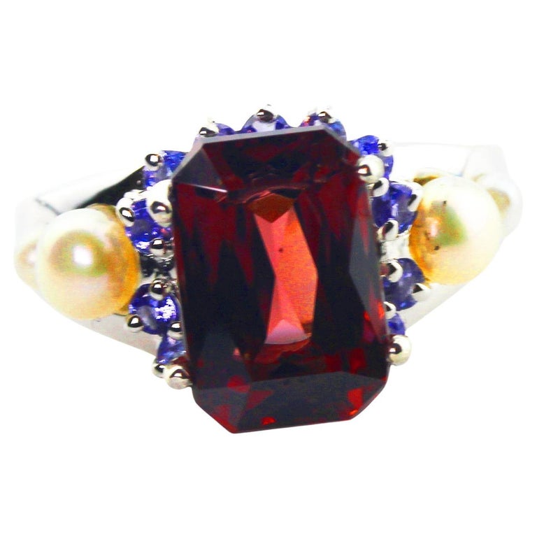 AJD Elegant 7.2 Ct Brilliant Red Zircon, Sapphire, Pearl Sterling Cocktail Ring For Sale